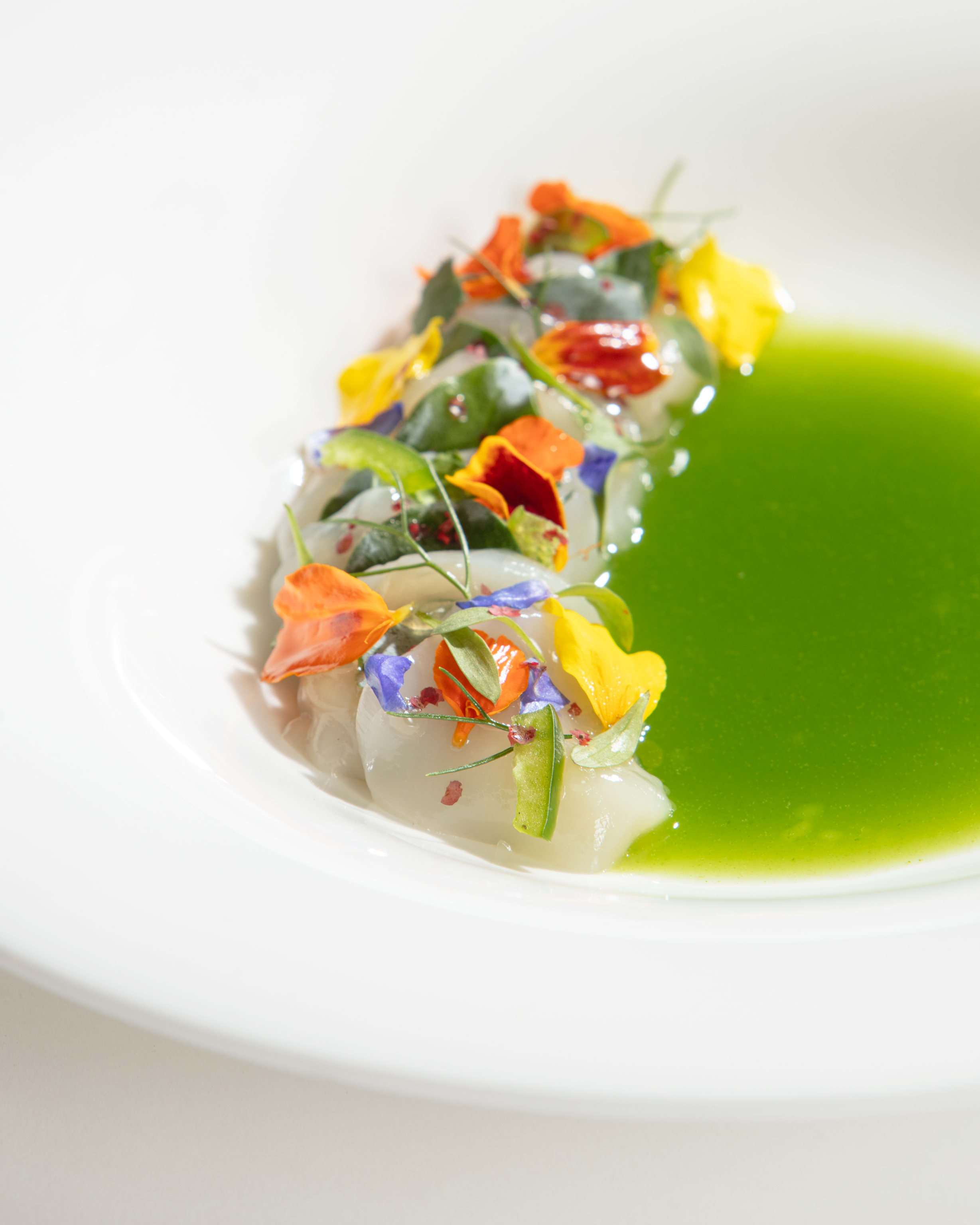 SCALLOPS_CARPACCIO_WITH_MARIGOLD_AND_TOMATILLO GAZPACHO
