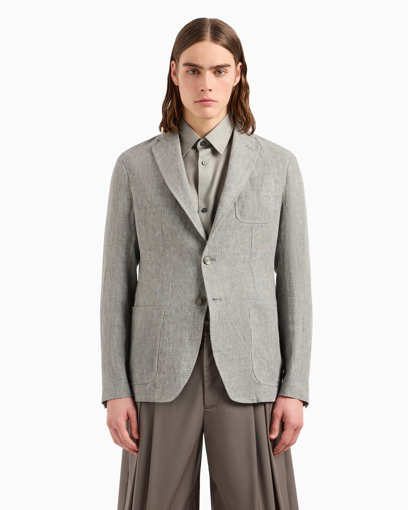 Single-breasted jacket in faded linen with a crêpe texture Slide 1