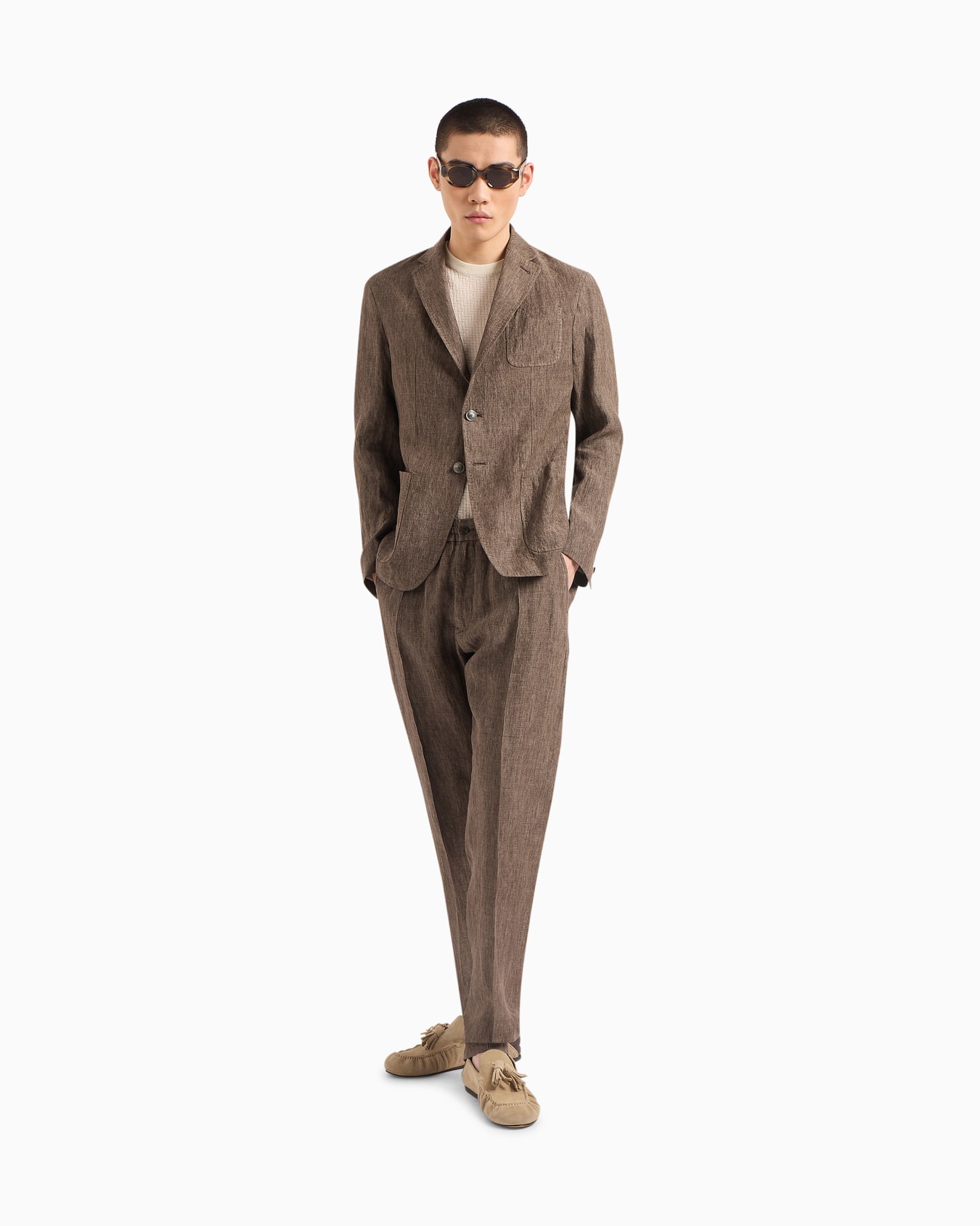 Crêpe-effect faded linen trousers with pleats Slide 1