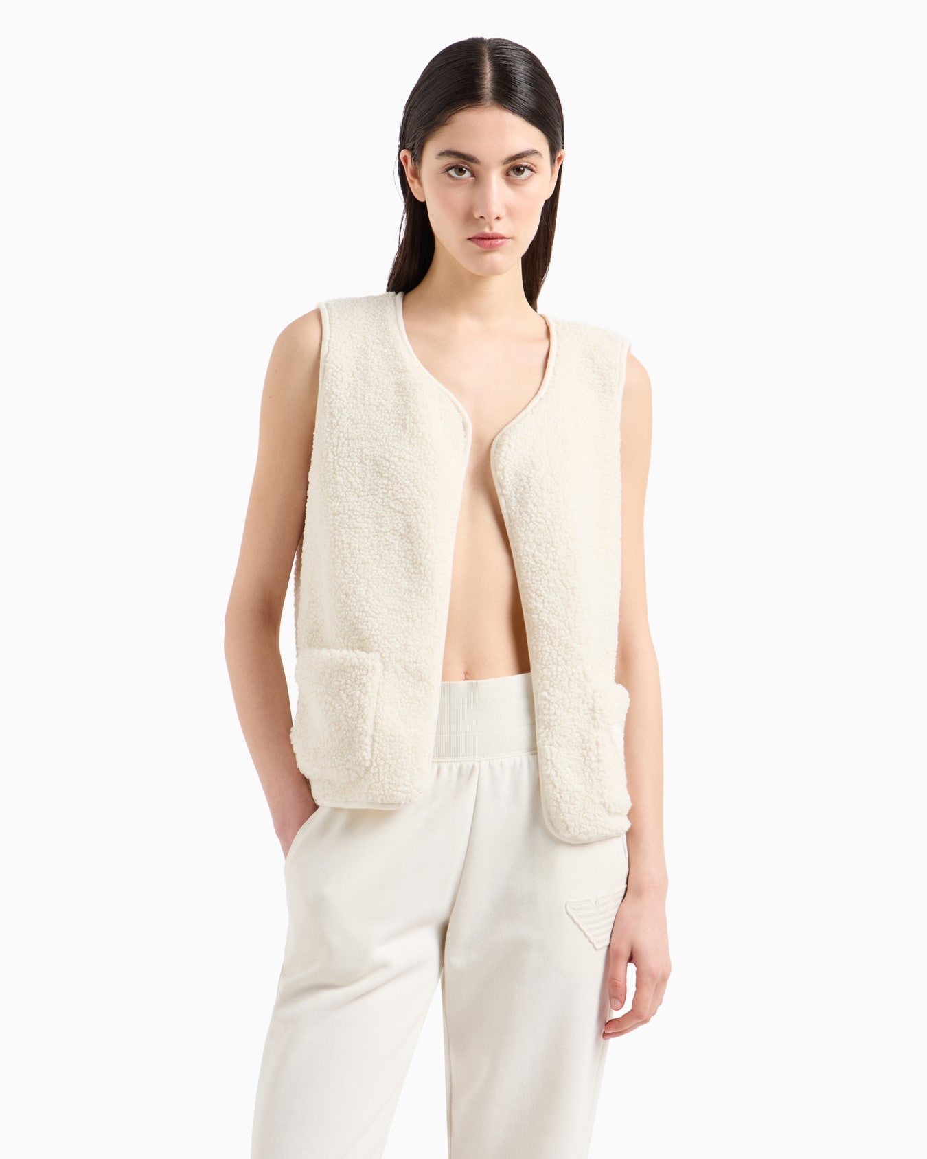 Loungewear gilet in teddy-effect fabric with eagle patch Slide 1