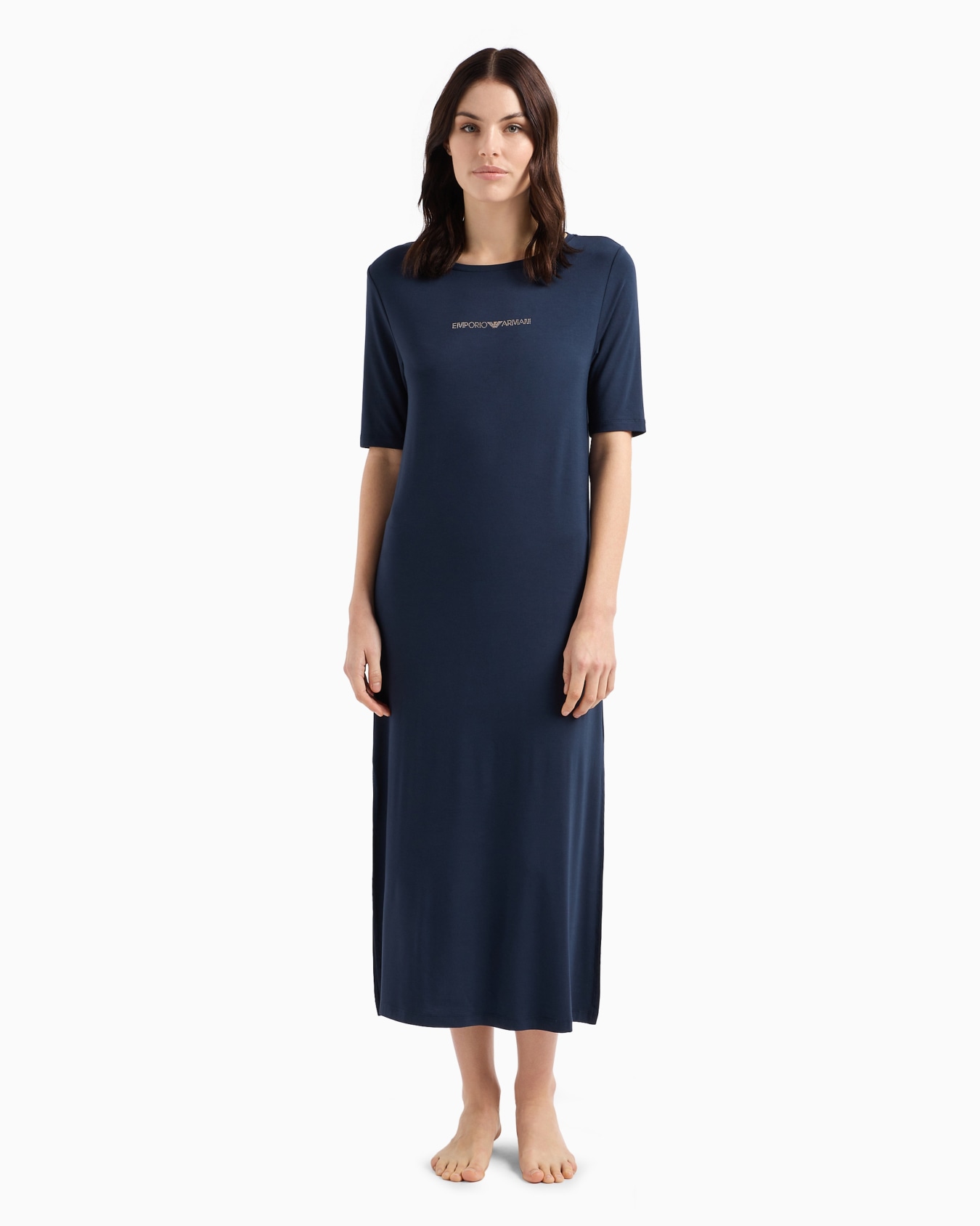 Stretch-viscose long beachwear dress with micro-studded logo Slide 1