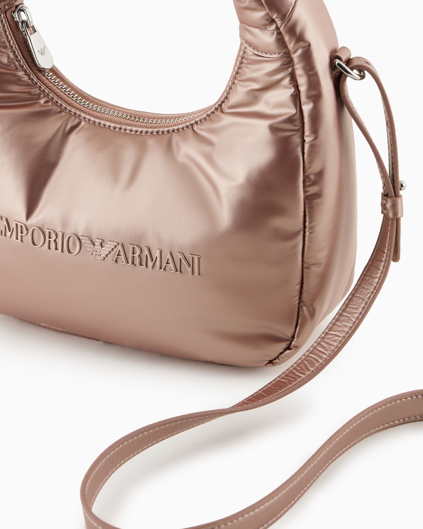 Shiny, padded nylon hobo bag with logo Slide 4