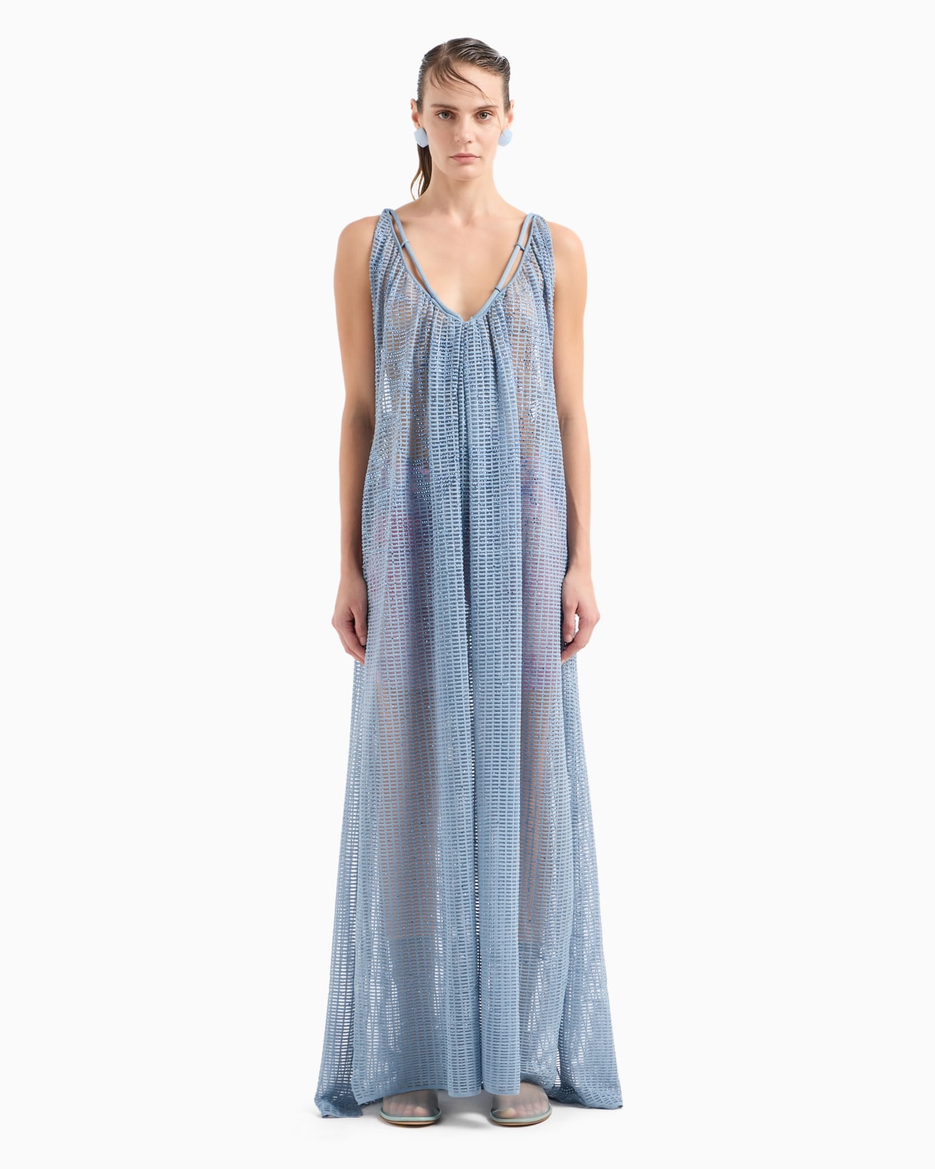 Plain knit and ottoman long dress with all-over rhinestones Slide 2