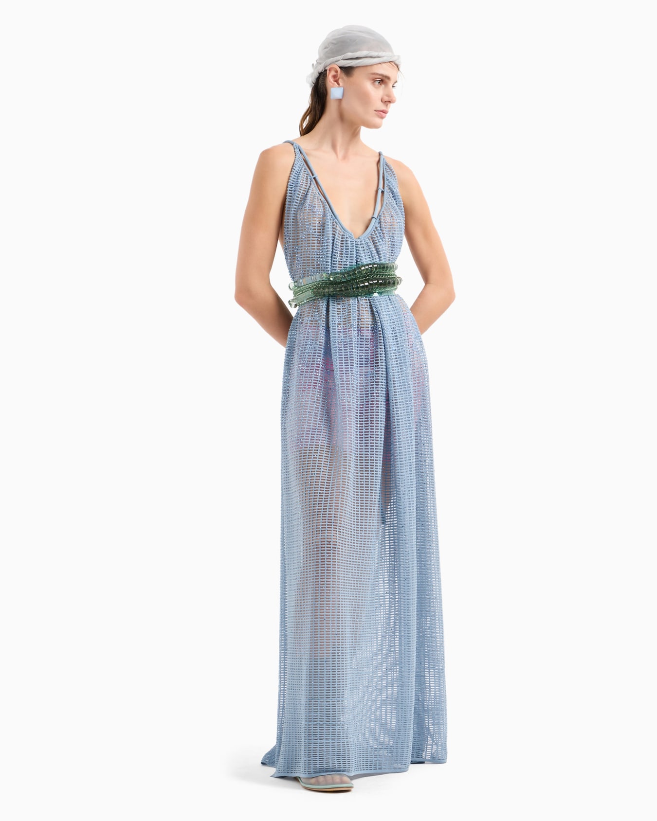 Plain knit and ottoman long dress with all-over rhinestones Slide 4