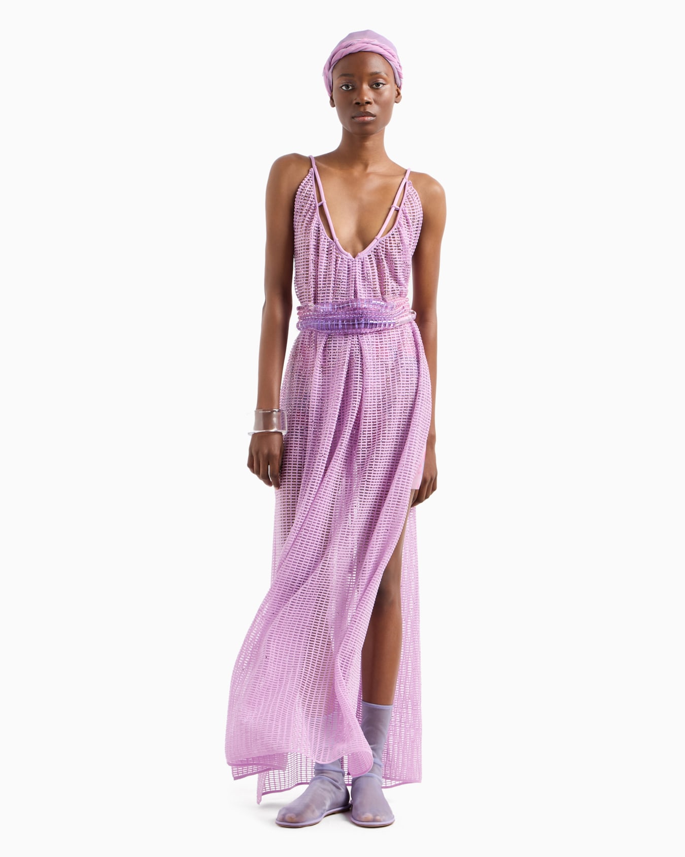 Plain knit and ottoman long dress with all-over rhinestones Slide 4