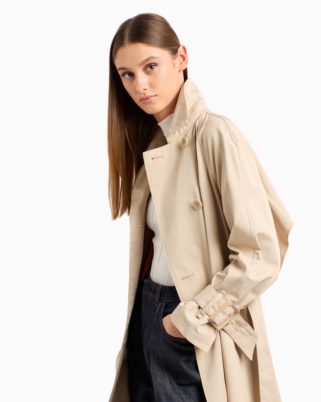 Double-breasted trench coat with belt in water-repellent technical cotton Slide 4