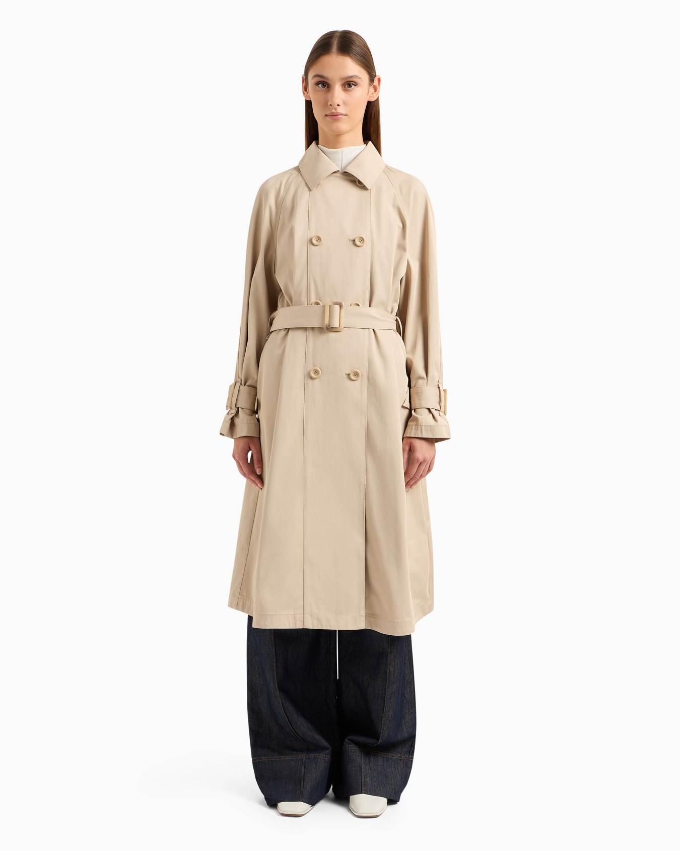 Double-breasted trench coat with belt in water-repellent technical cotton Slide 1