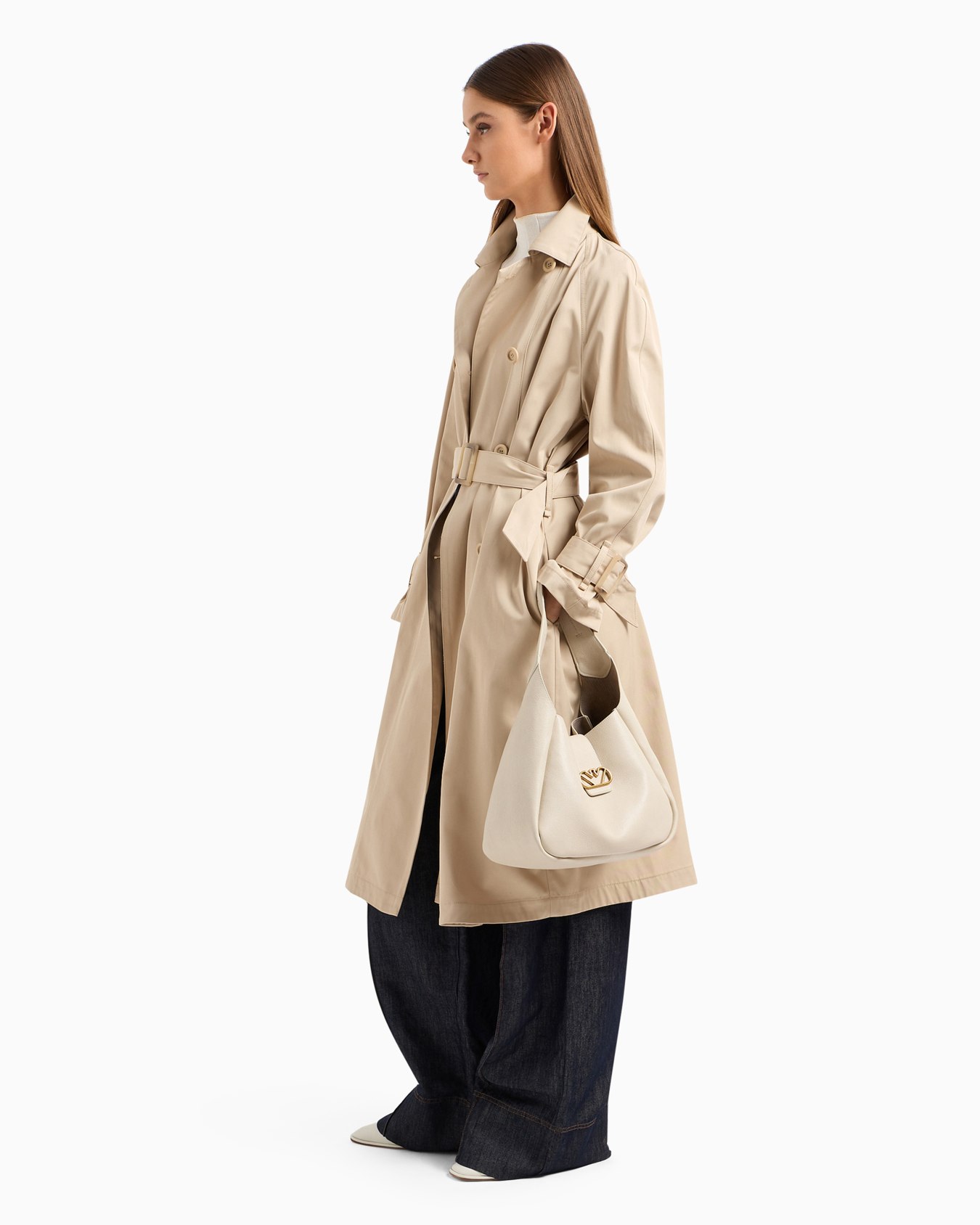 Double-breasted trench coat with belt in water-repellent technical cotton Slide 3
