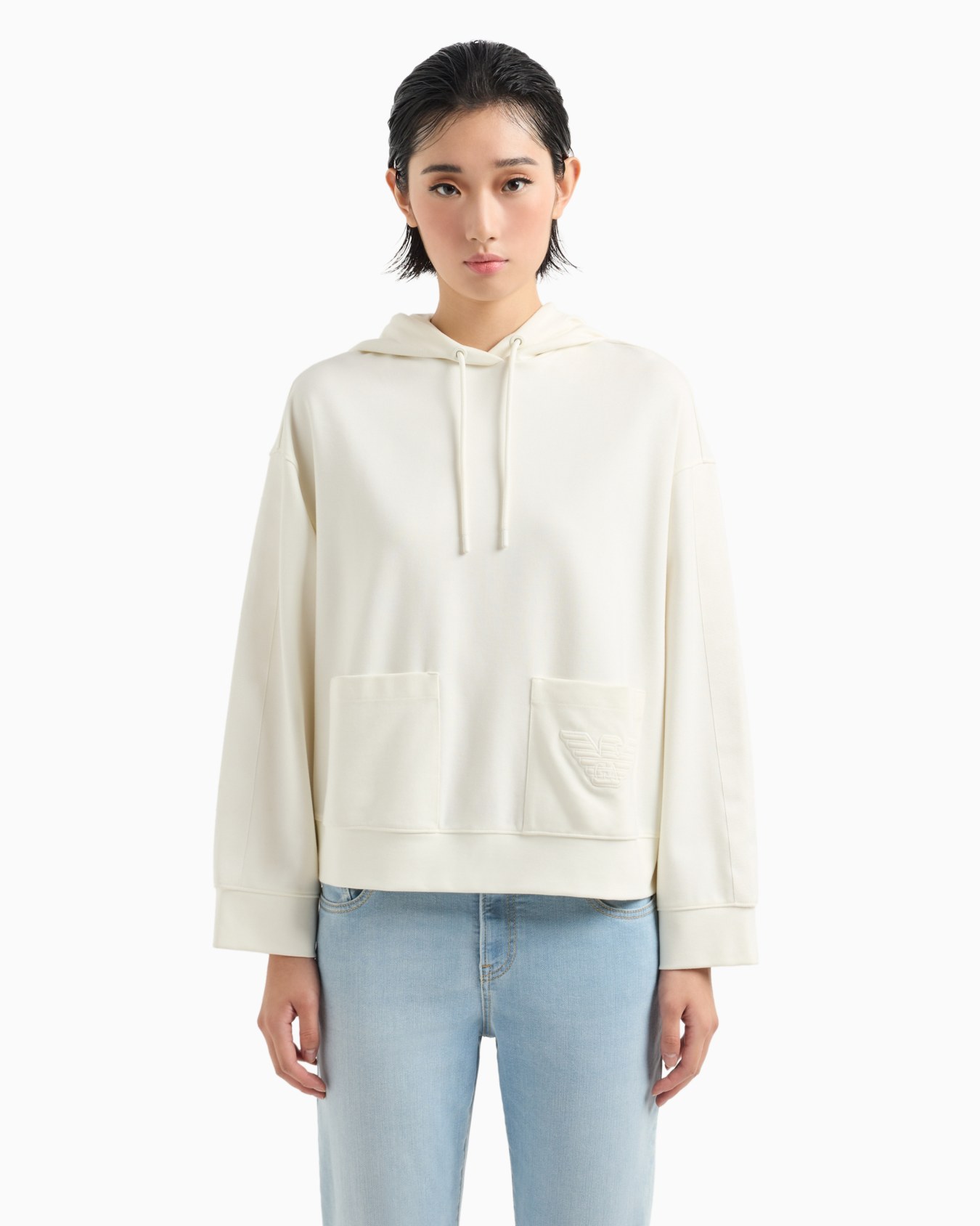 Hooded sweatshirt in Milano-stitch fabric with logo tape Slide 1