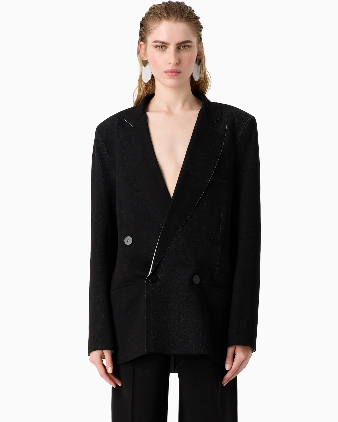 Double-breasted peacoat-style jacket in a bonded silk blend Slide 2