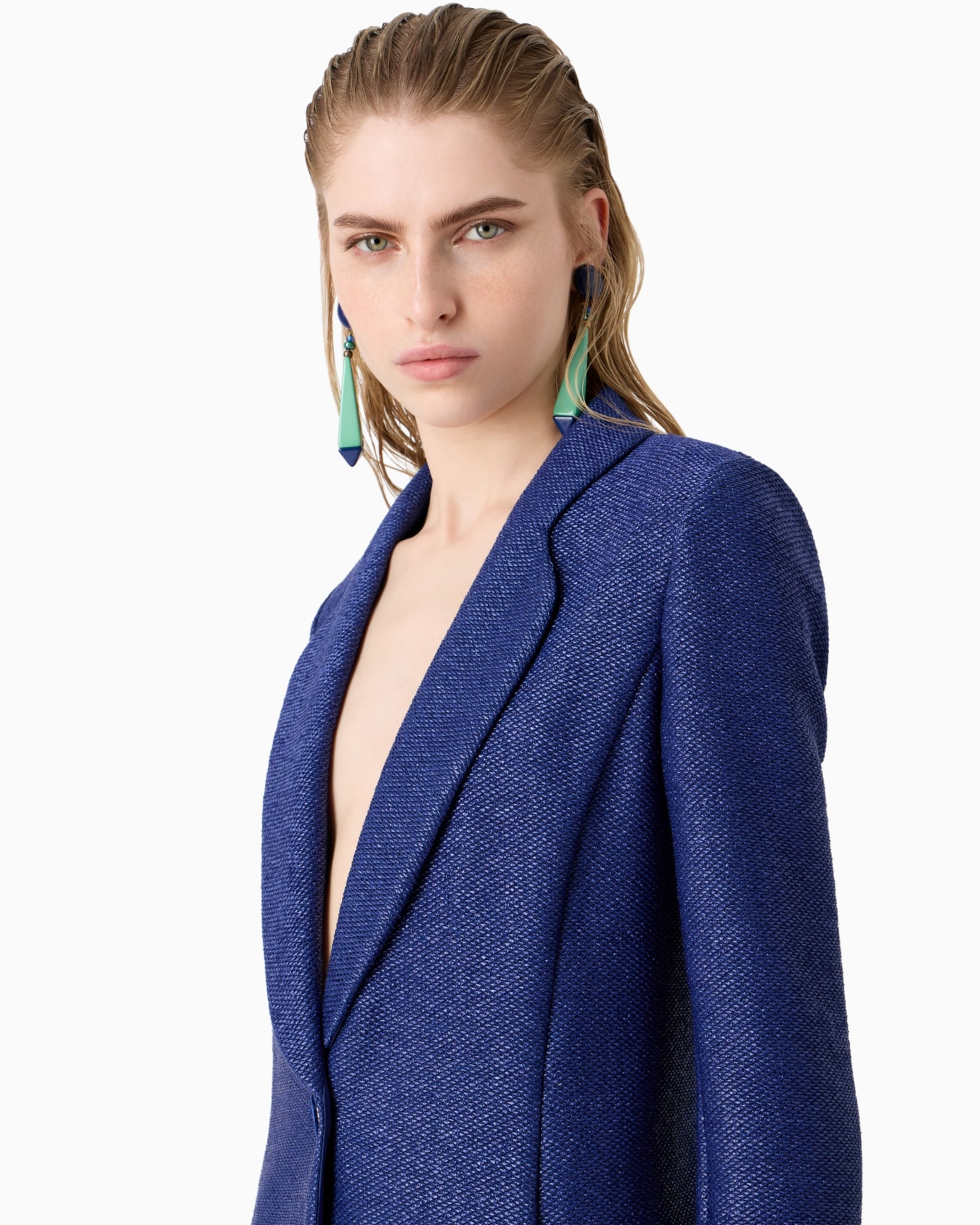 Single-breasted jacket in a raffia-effect jacquard cotton-blend jersey Slide 5