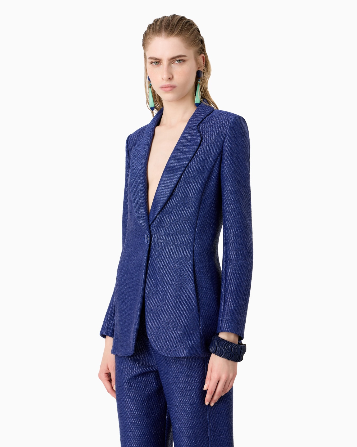 Single-breasted jacket in a raffia-effect jacquard cotton-blend jersey Slide 2