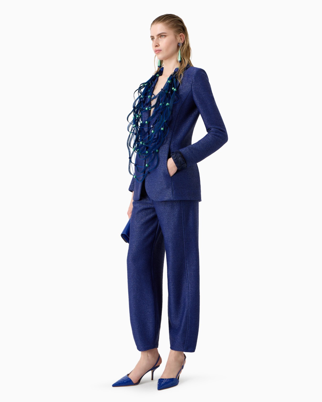 Single-breasted jacket in a raffia-effect jacquard cotton-blend jersey Slide 4