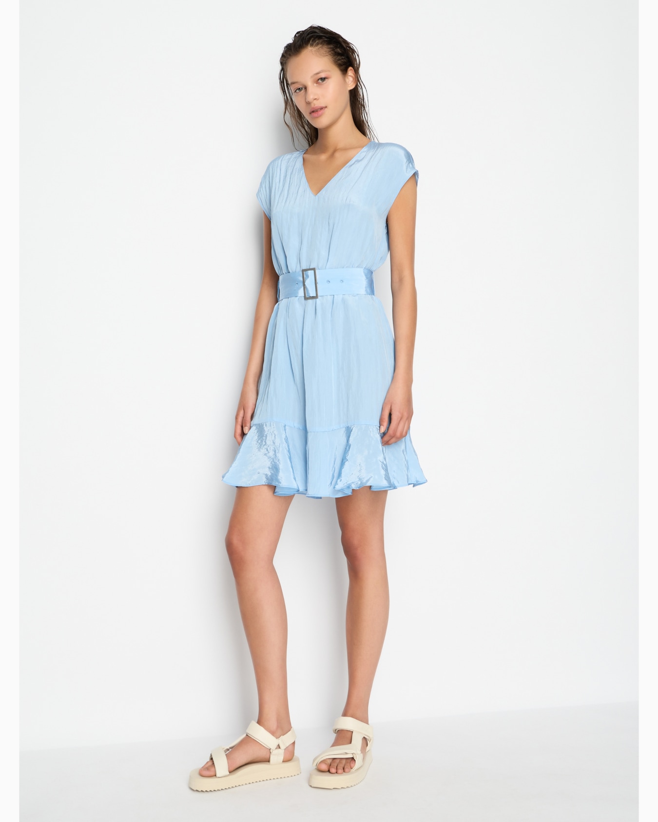 Flared dress in wrinkle satin fabric Slide 1