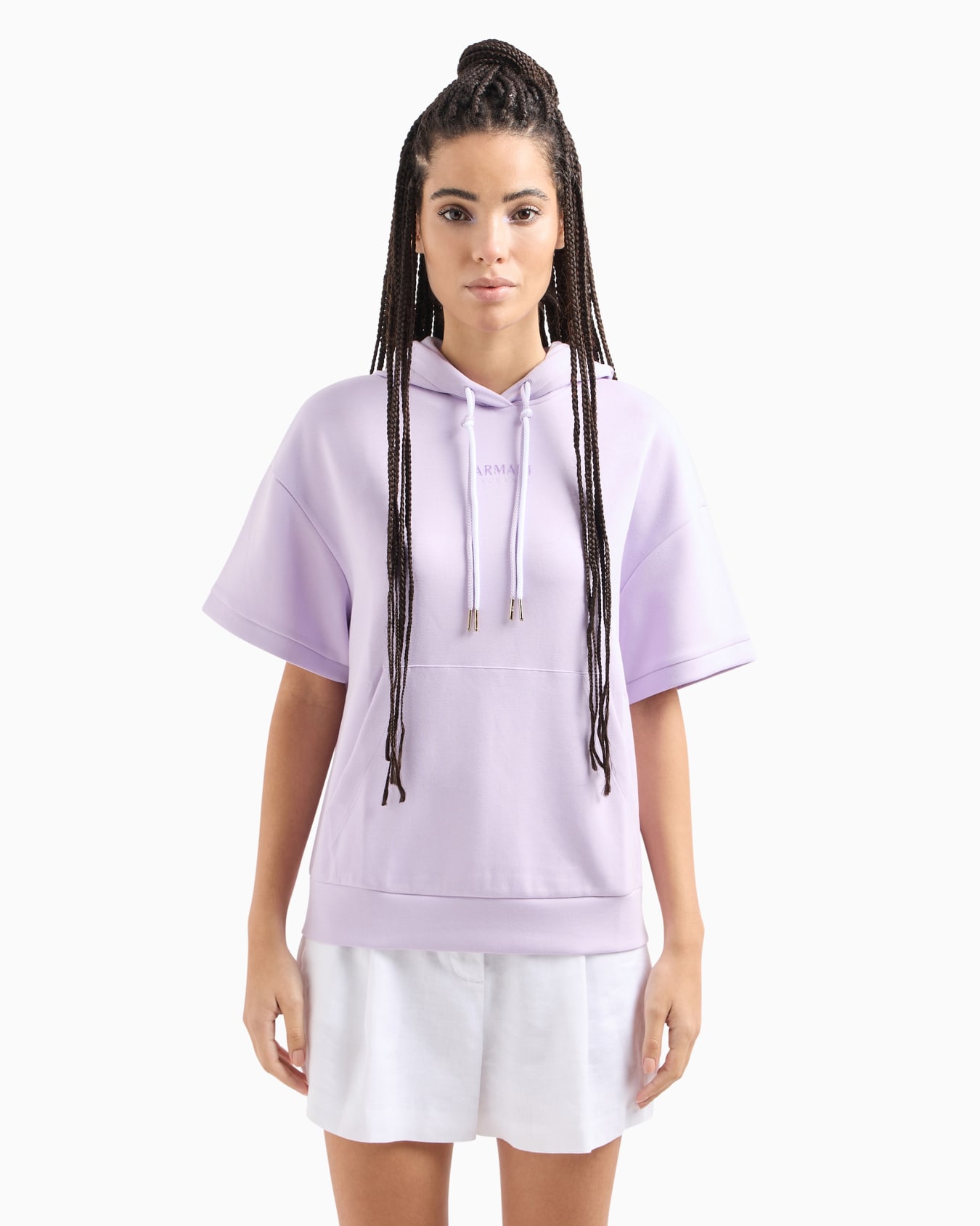 Short-sleeved hooded sweatshirt in scuba fabric Slide 1