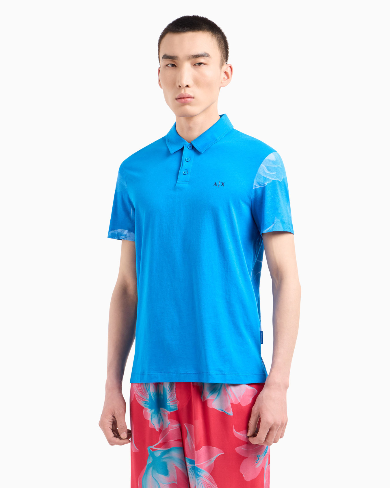 Regular fit cotton polo shirt with short patterned sleeves Slide 1