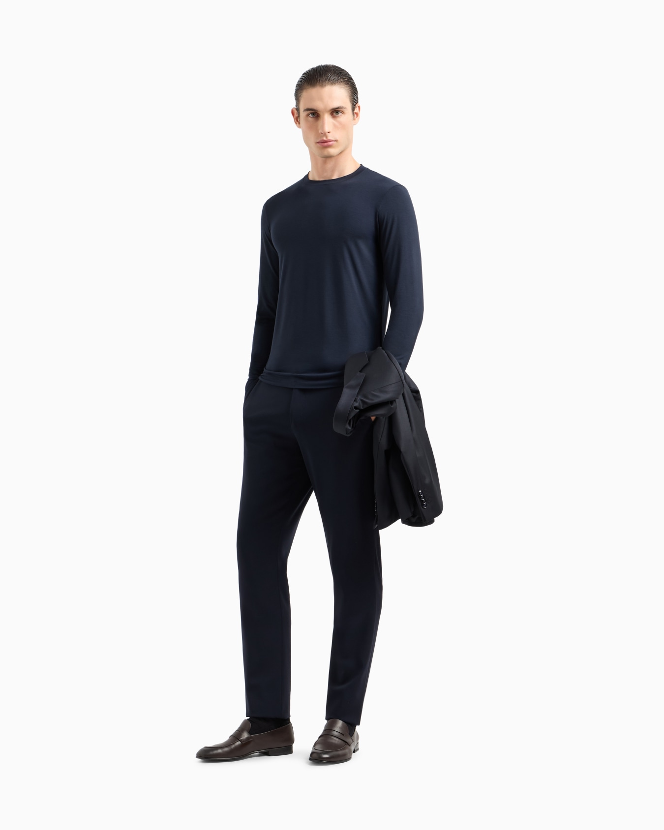 Stretch viscose jersey jumper with crew neck and long sleeves Slide 1