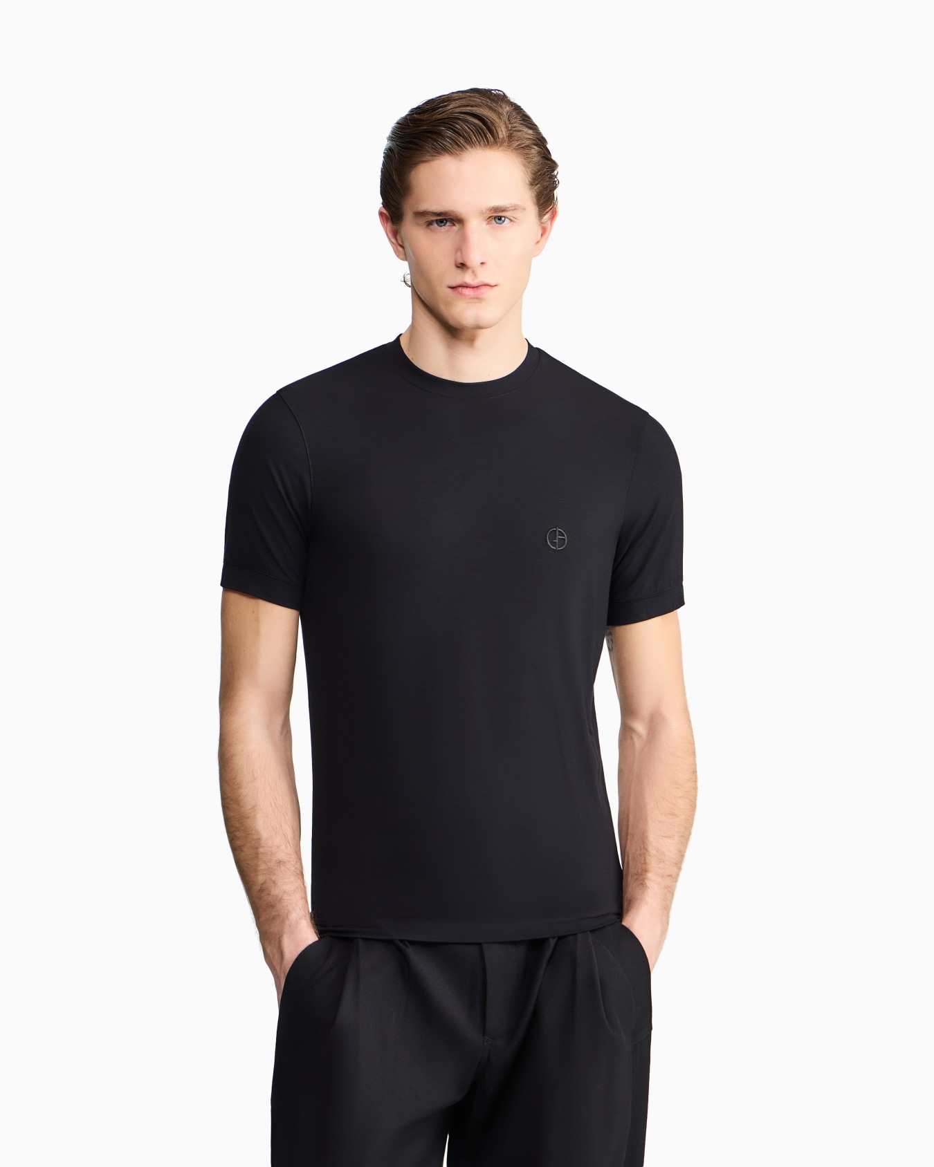 ASV stretch viscose jersey jumper with crew neck and short sleeves Slide 3