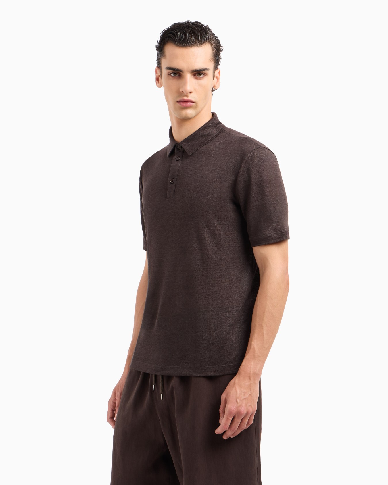 Short-sleeved polo shirt in pure linen jersey Slide 3