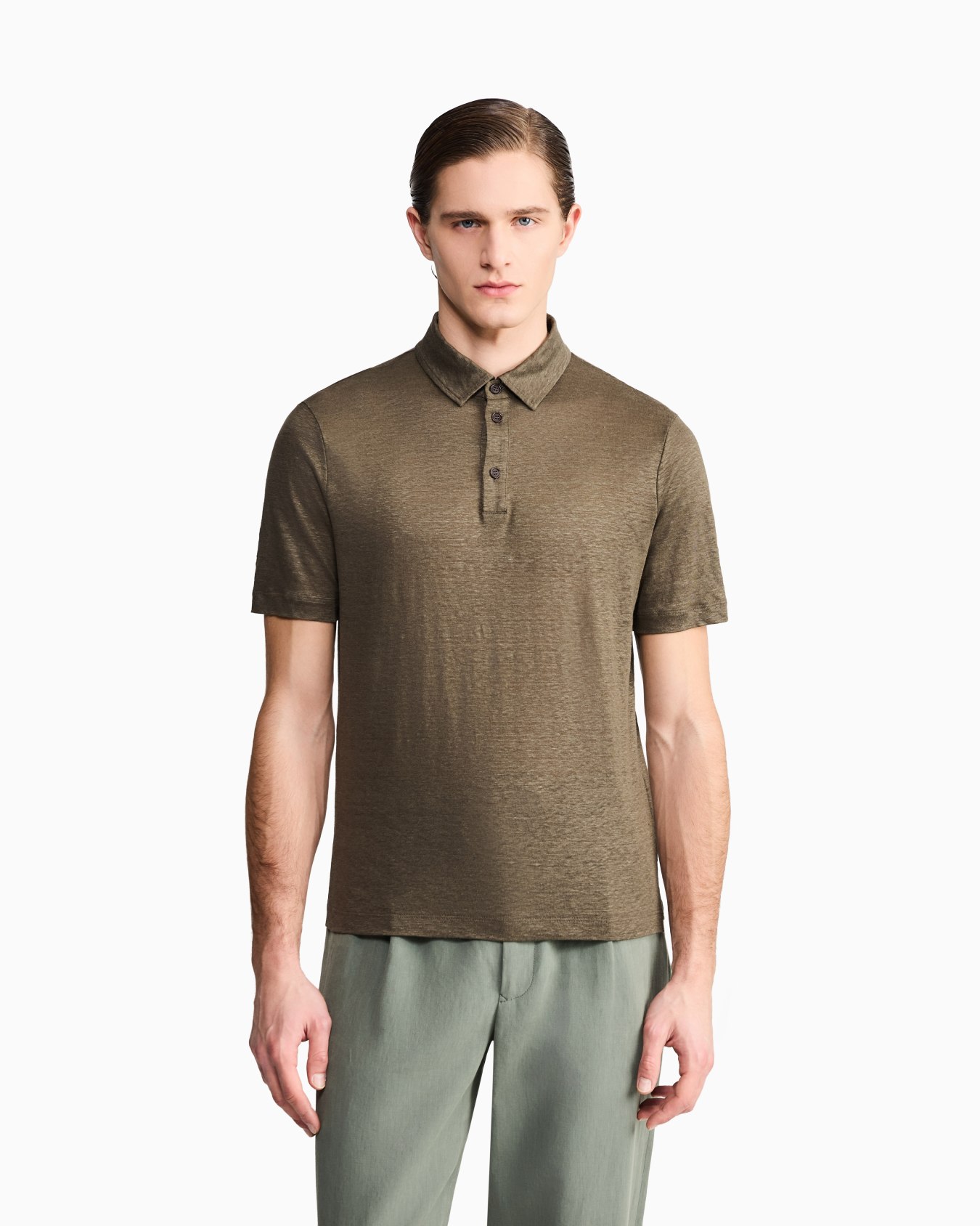 Short-sleeved polo shirt in pure linen jersey Slide 3