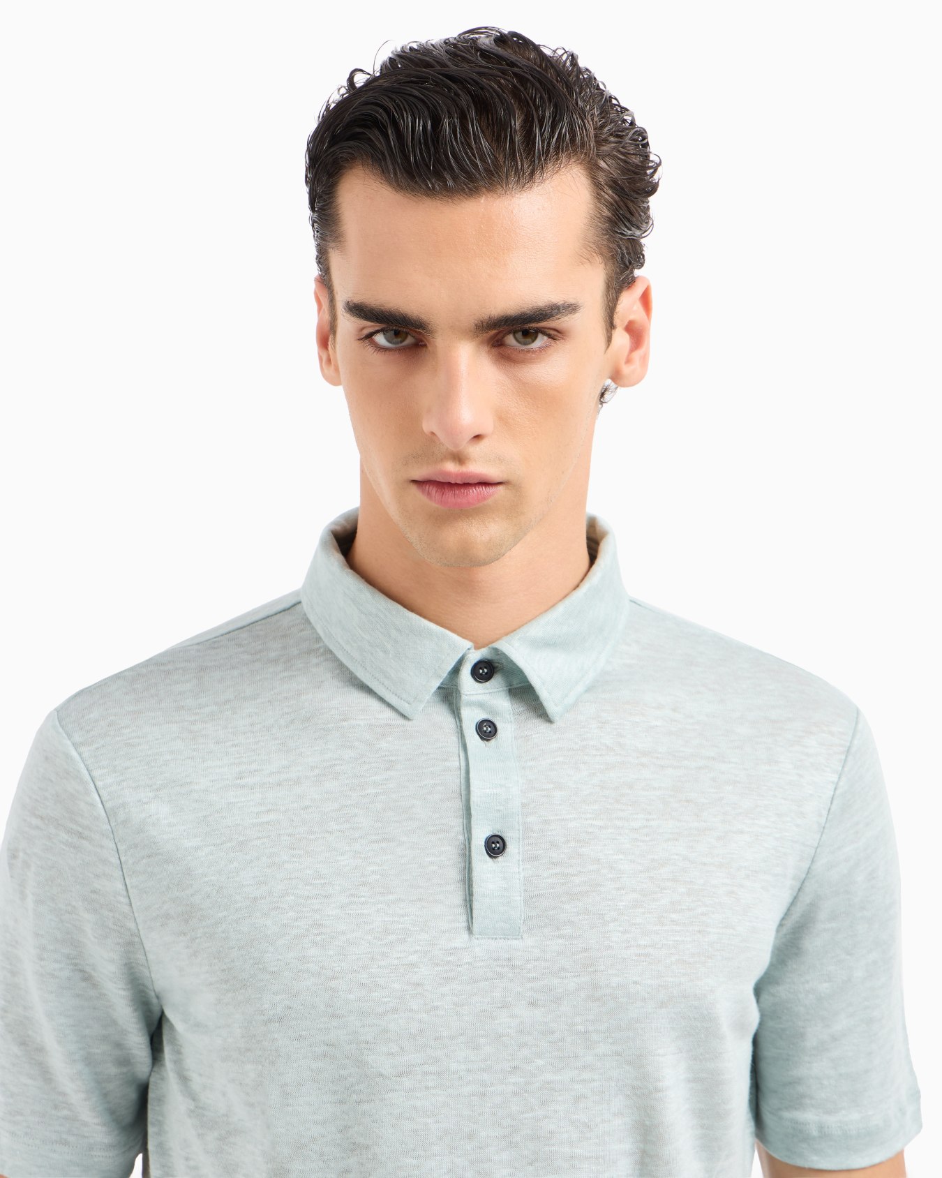 Short-sleeved polo shirt in pure linen jersey Diapositiva 4