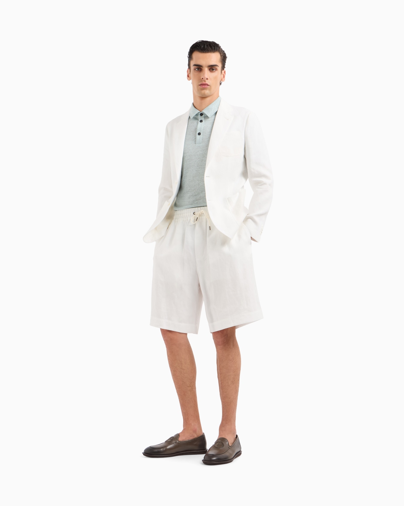 Pure linen canvas flat-front Bermuda shorts Diapositiva 1