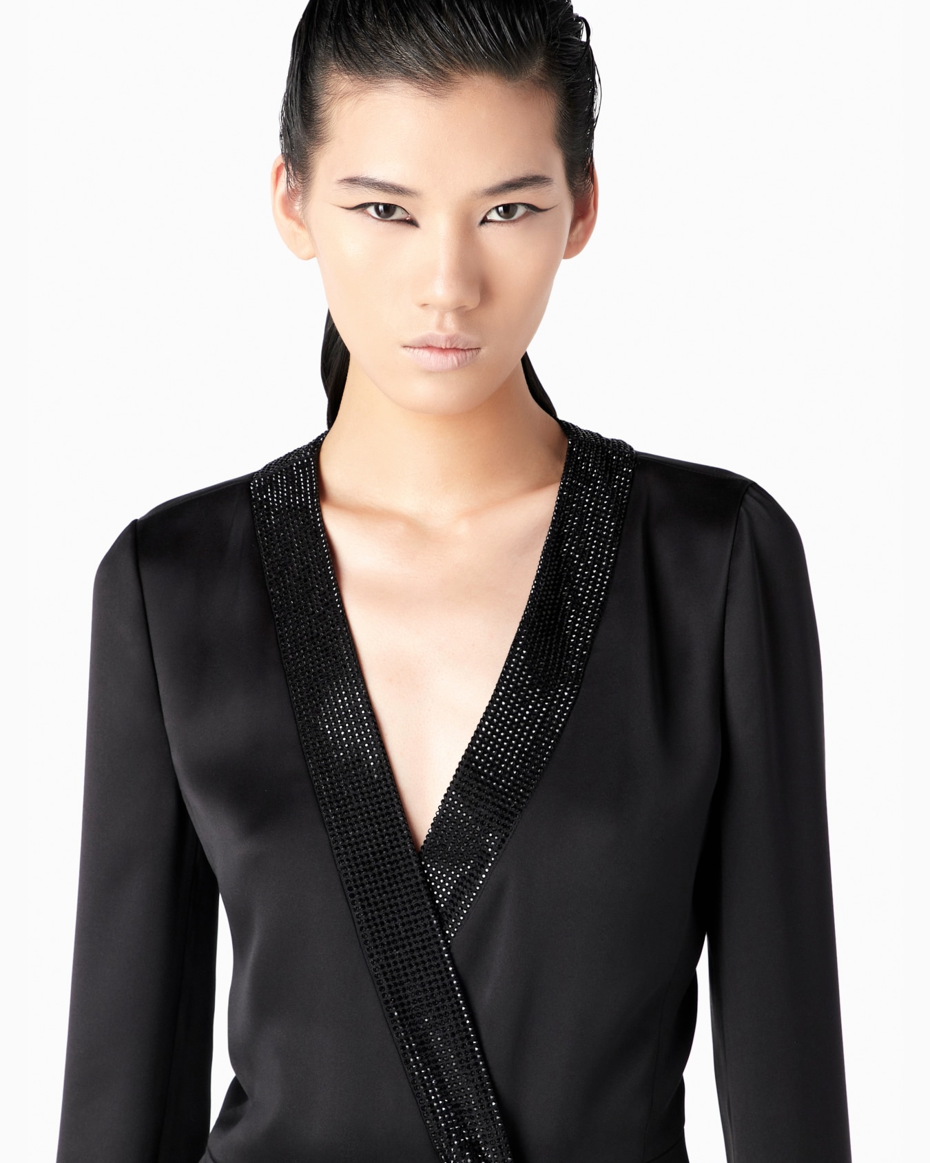 Long satin jacket with rhinestone and crystal trim Slide 4