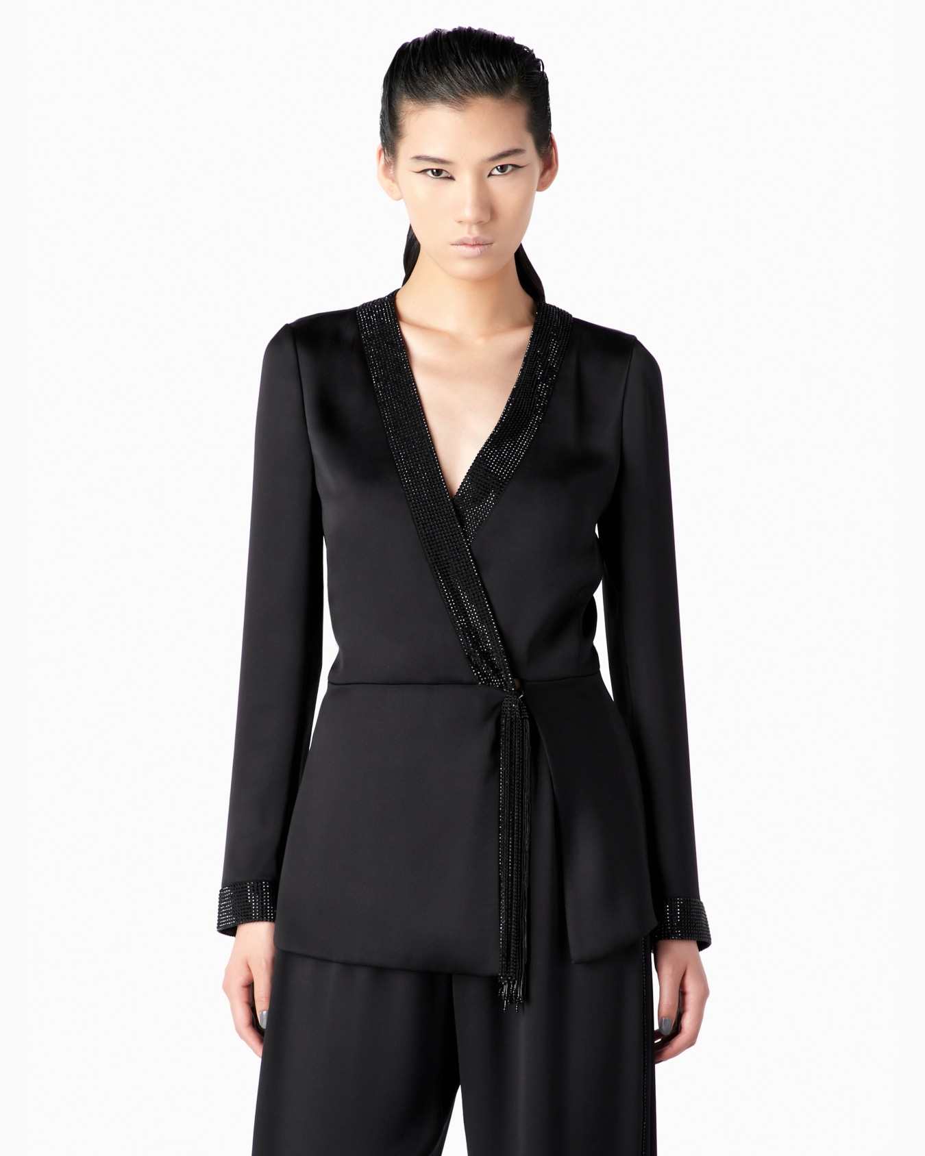 Long satin jacket with rhinestone and crystal trim Slide 1