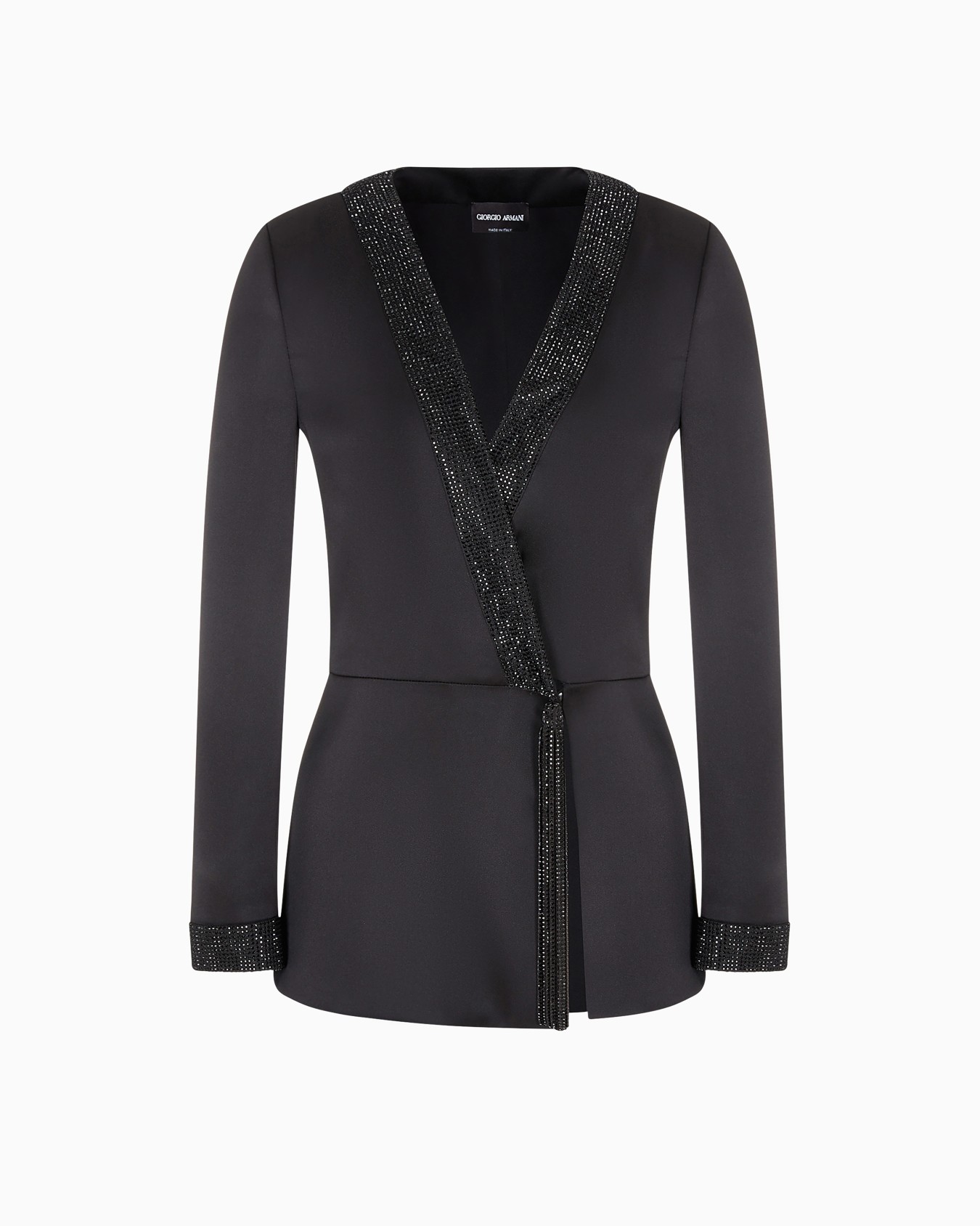 Long satin jacket with rhinestone and crystal trim Slide 0