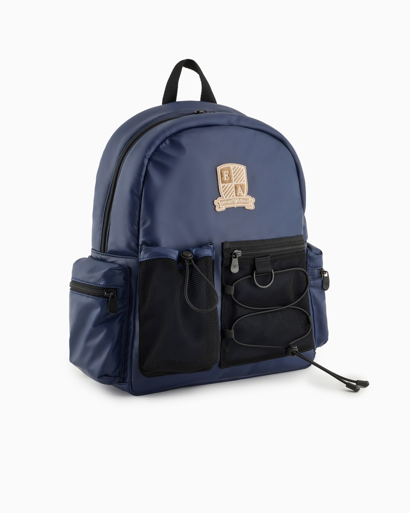 Multi-pocket backpack in coated fabric with logo crest patch Slide 1
