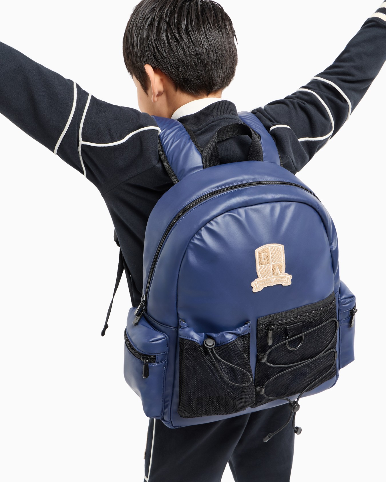 Multi-pocket backpack in coated fabric with logo crest patch Slide 6