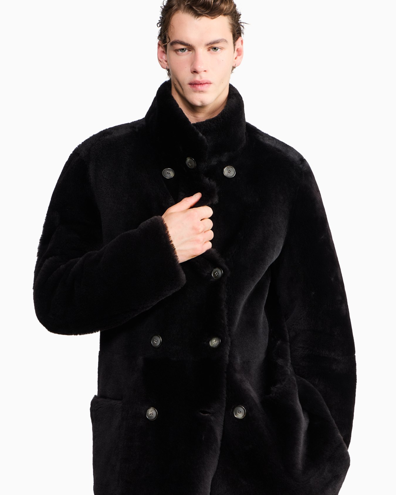 Reversible, double-breasted sheepskin pea coat Slide 6