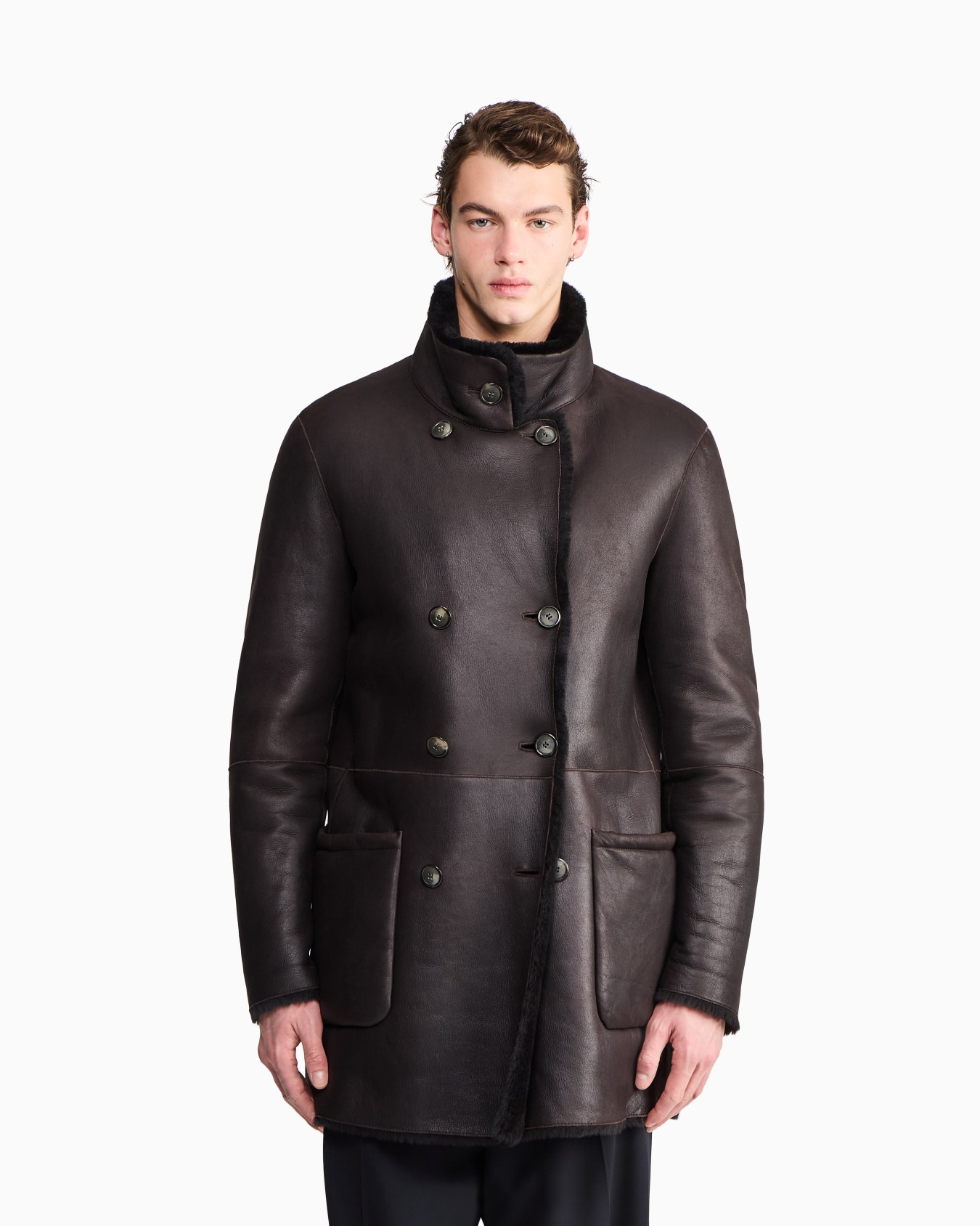 Reversible, double-breasted sheepskin pea coat Slide 3