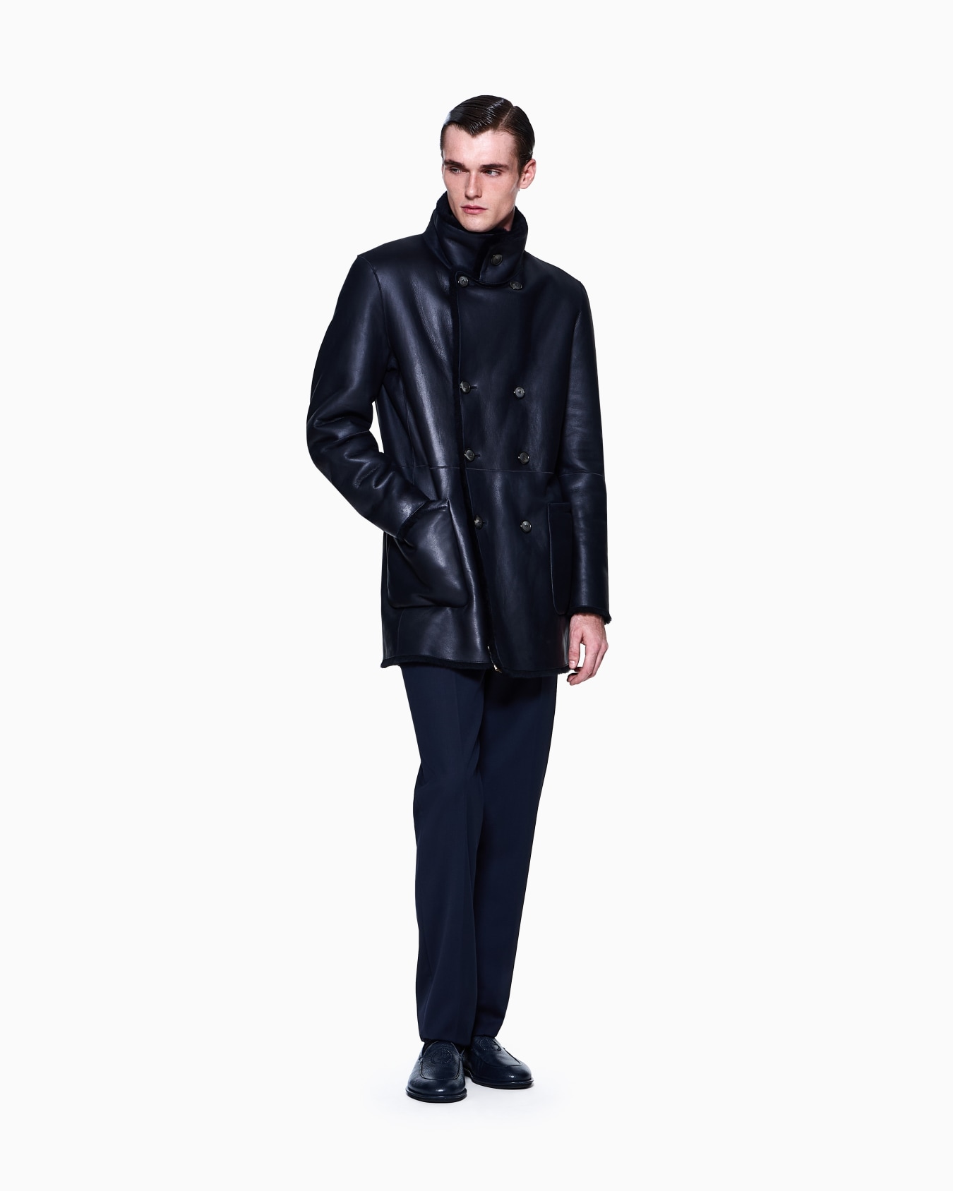 Reversible, double-breasted sheepskin pea coat Slide 1