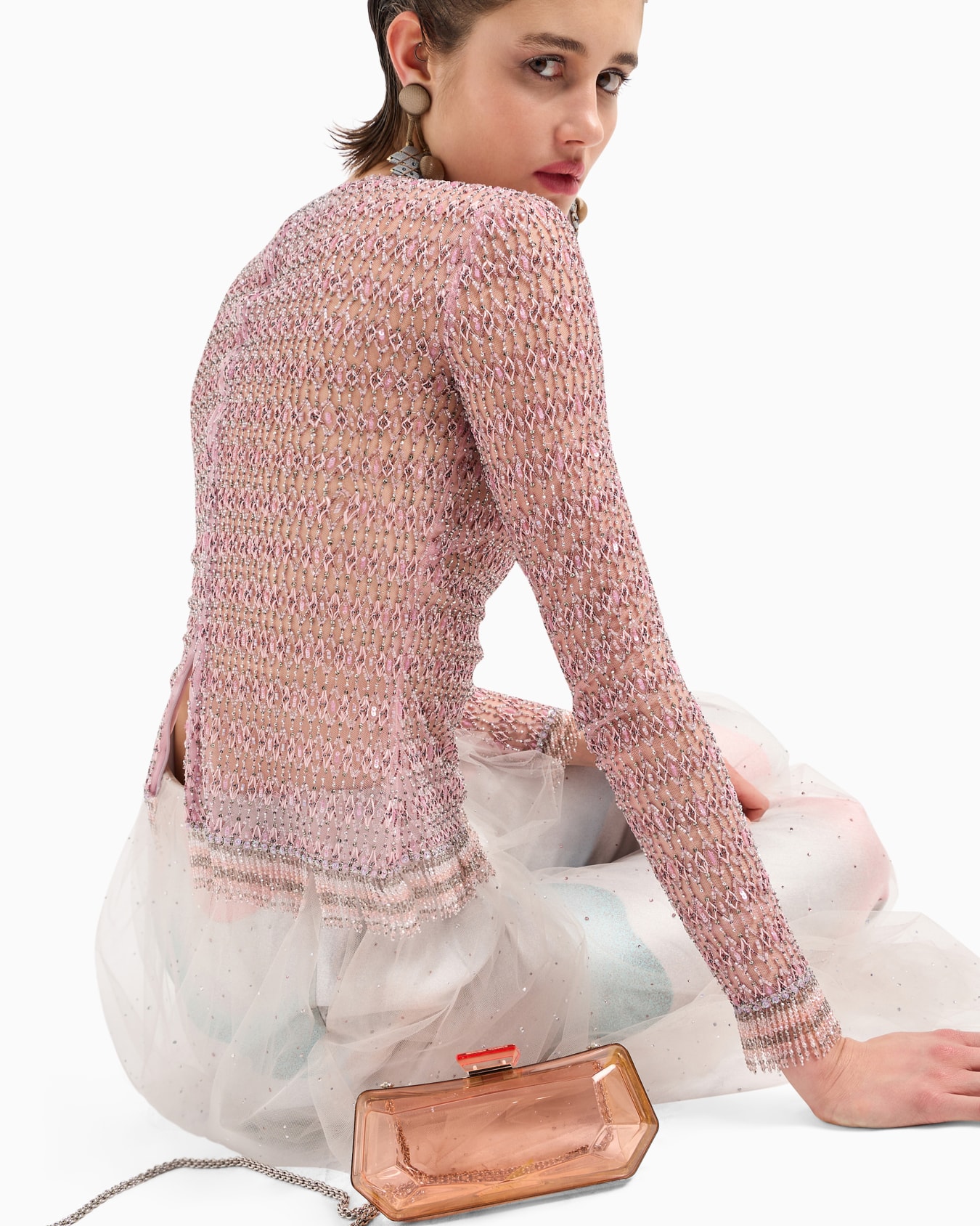 Crew-neck jumper in tulle with crystal embroidery Diapositiva 4