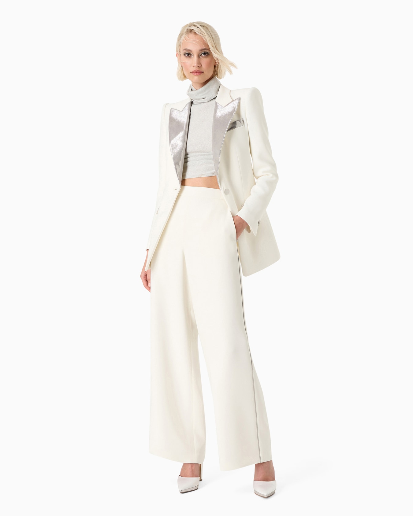 Long single-breasted jacket in silk cady Diapositiva 3