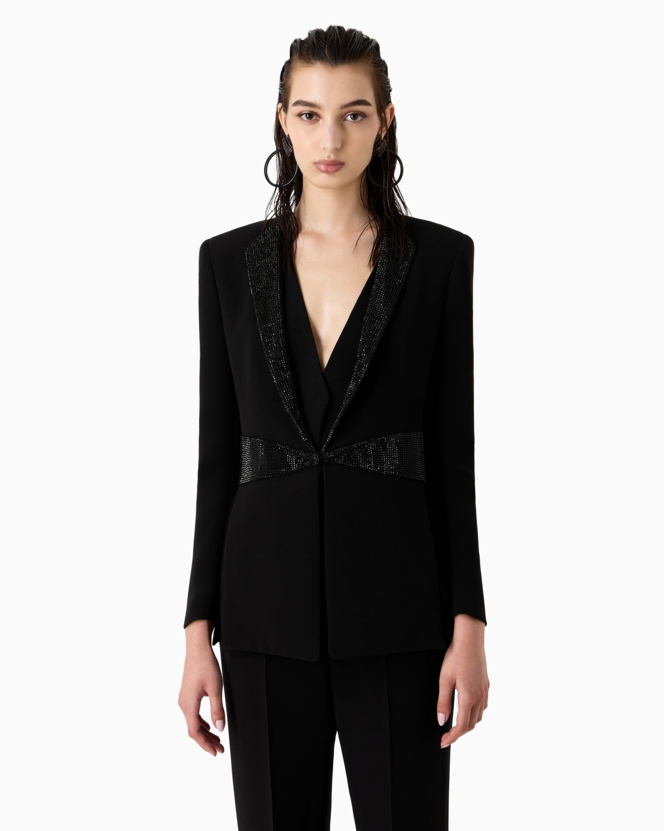 Single-breasted jacket in silk cady with rhinestone details Slide 2