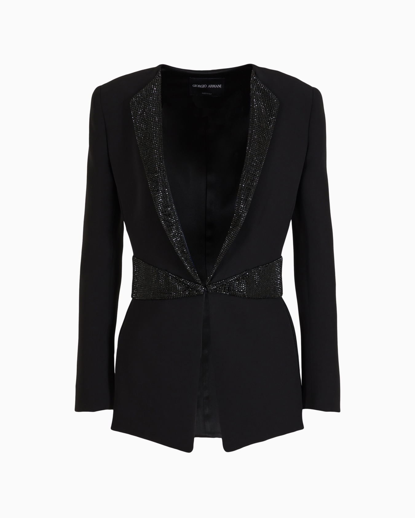 Single-breasted jacket in silk cady with rhinestone details Slide 0