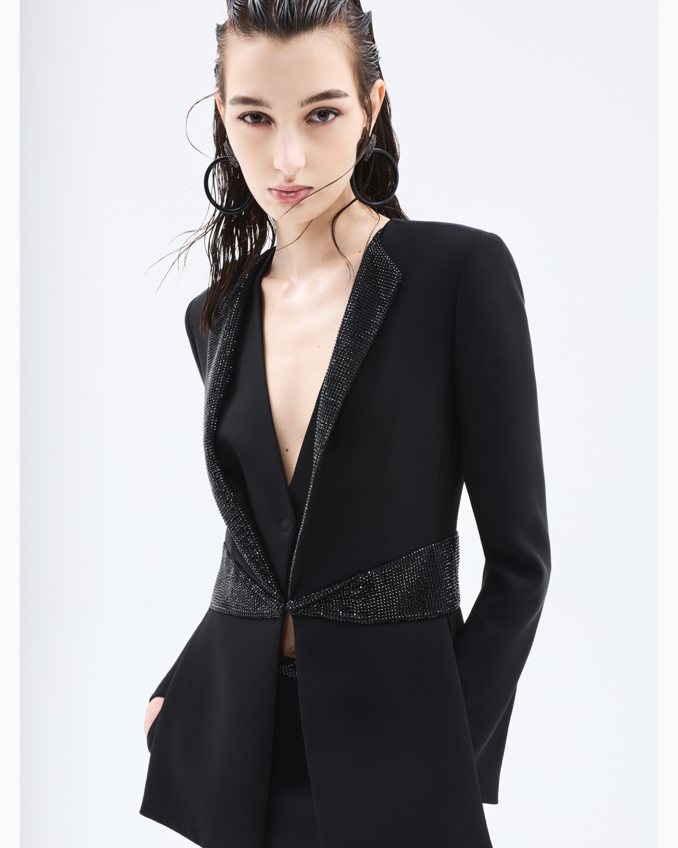 Single-breasted jacket in silk cady with rhinestone details Slide 7