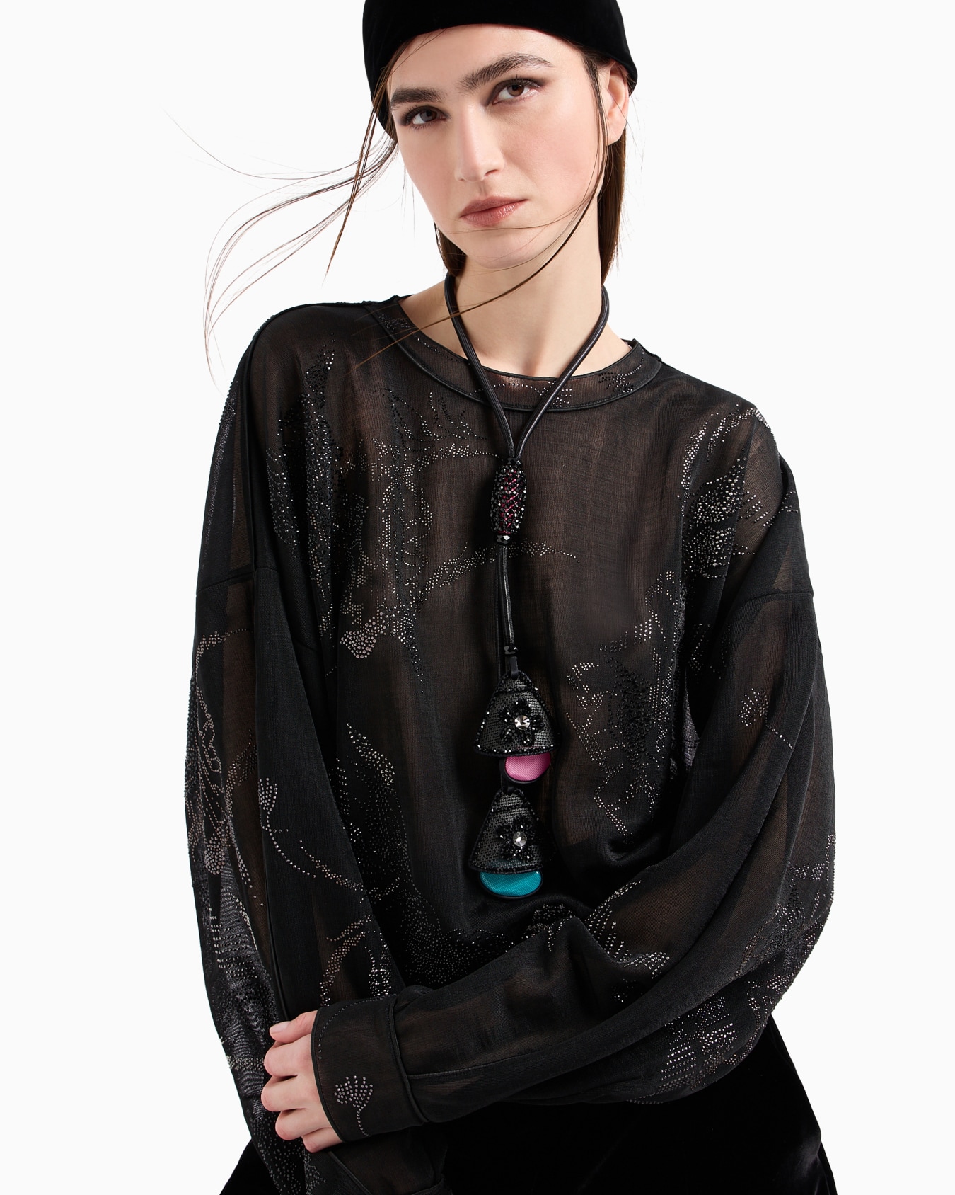 Necklace with resin pendants covered in tulle and crystals Slide 2