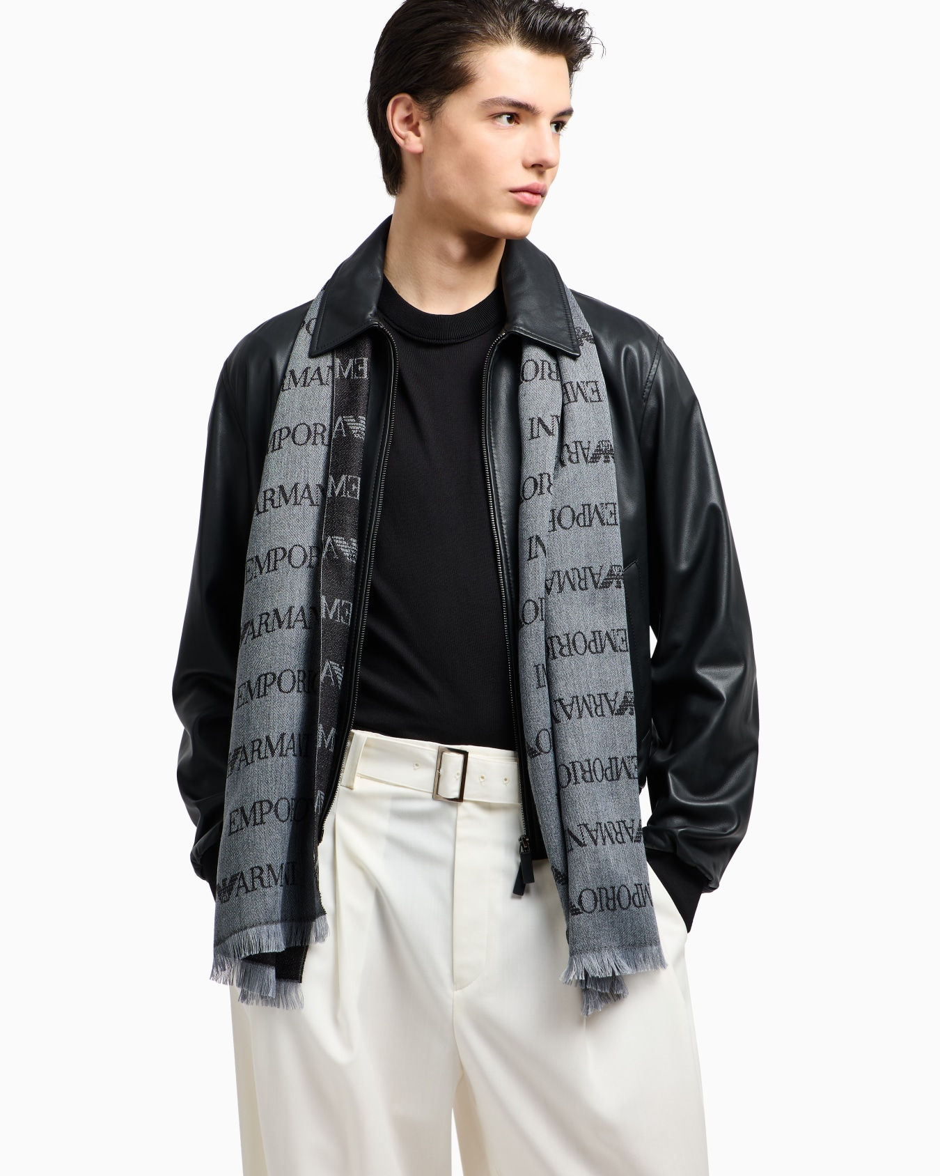 Virgin-wool blend scarf with jacquard logo lettering and fringes Slide 2