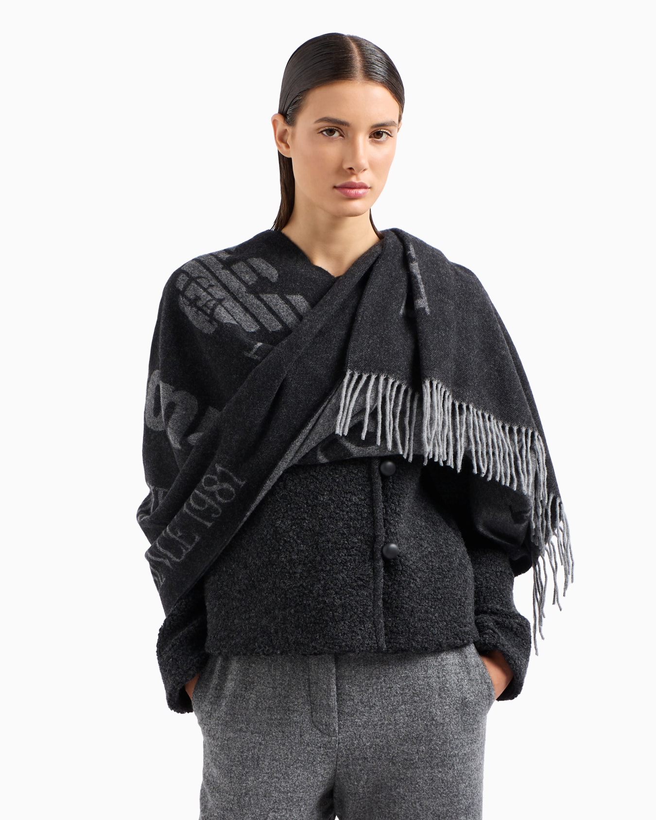 Double-faced oversized wool scarf with jacquard logo Slide 2