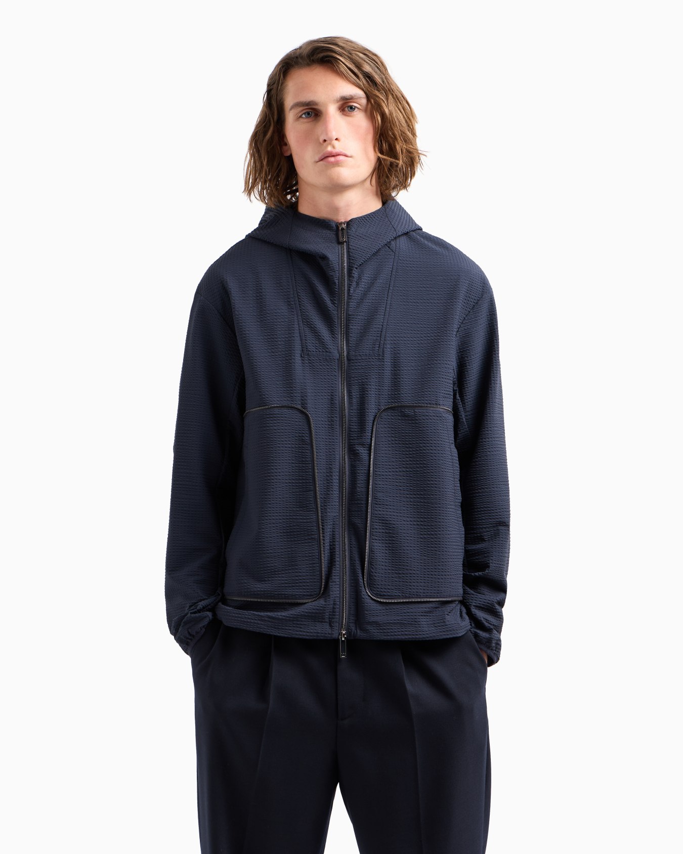 Technical-seersucker hooded blouson with zip Slide 1