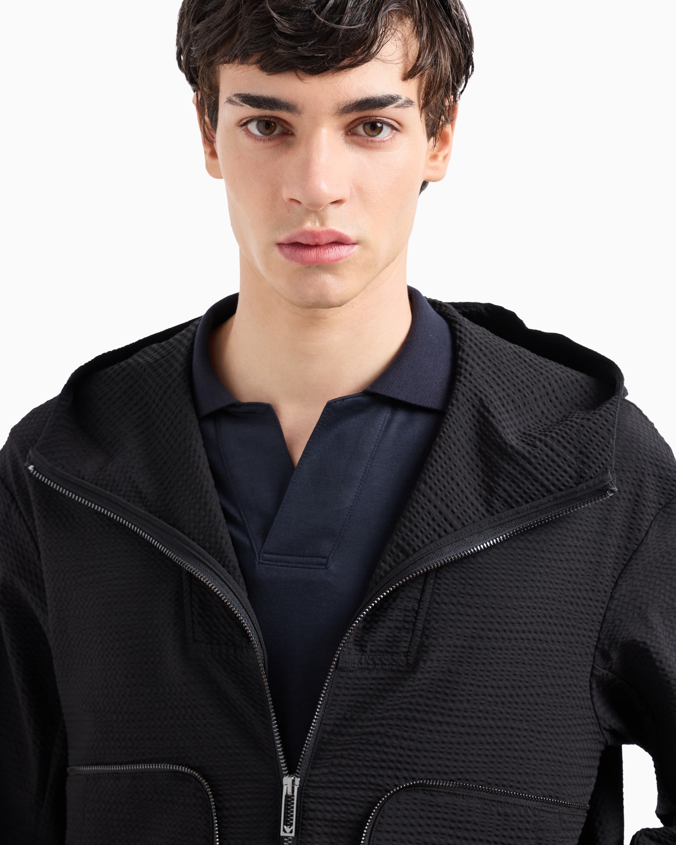 Technical-seersucker hooded blouson with zip Slide 5