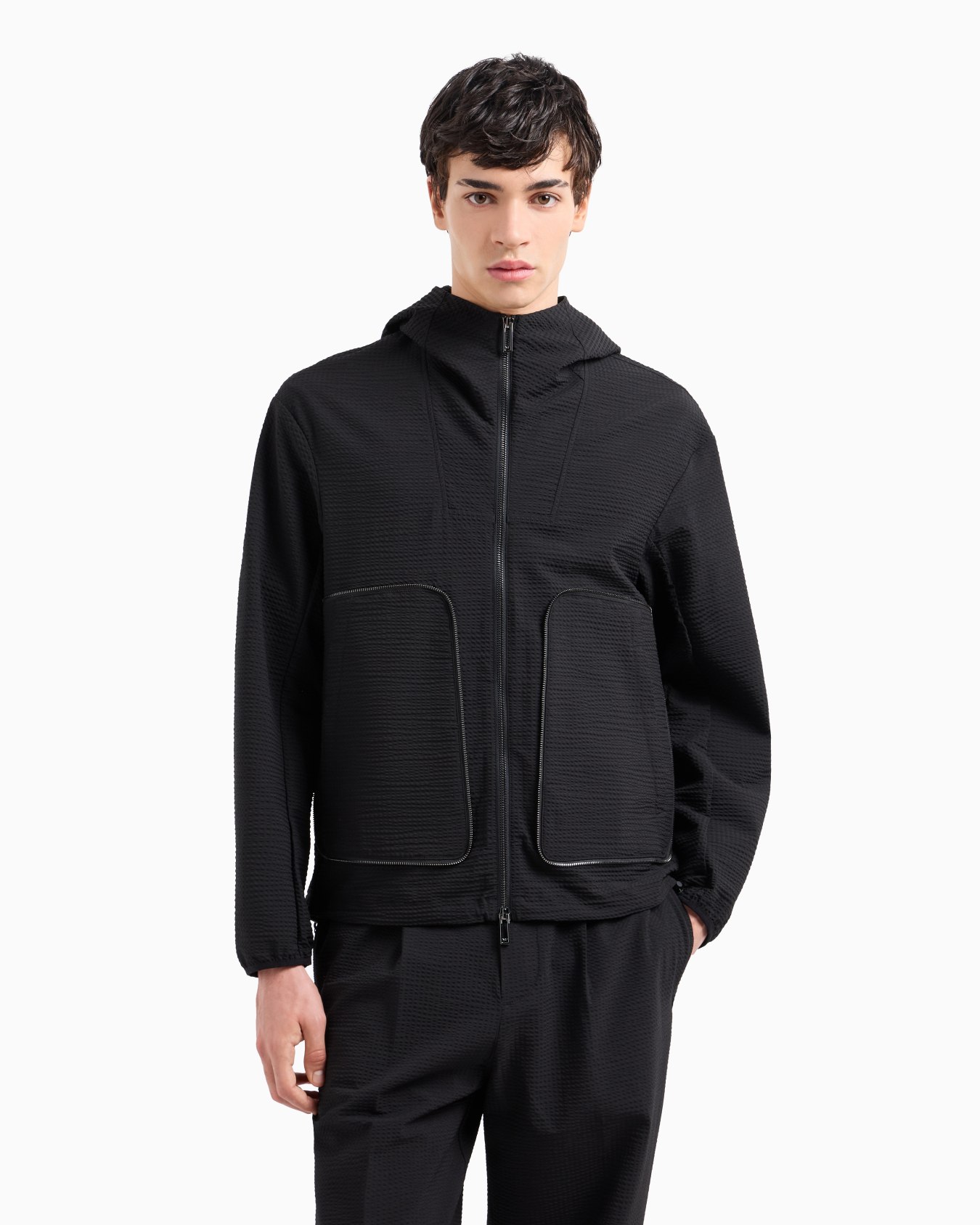 Technical-seersucker hooded blouson with zip Slide 2