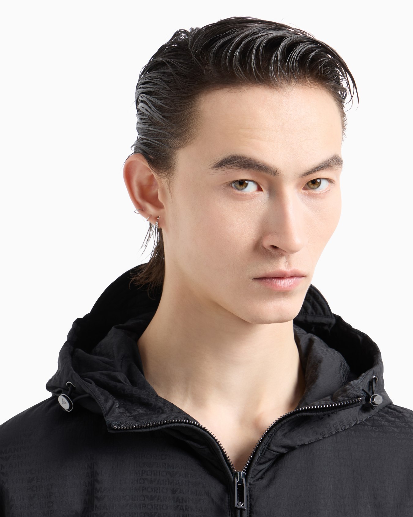 Lightweight nylon, hooded zip-up blouson with all-over jacquard lettering Slide 4