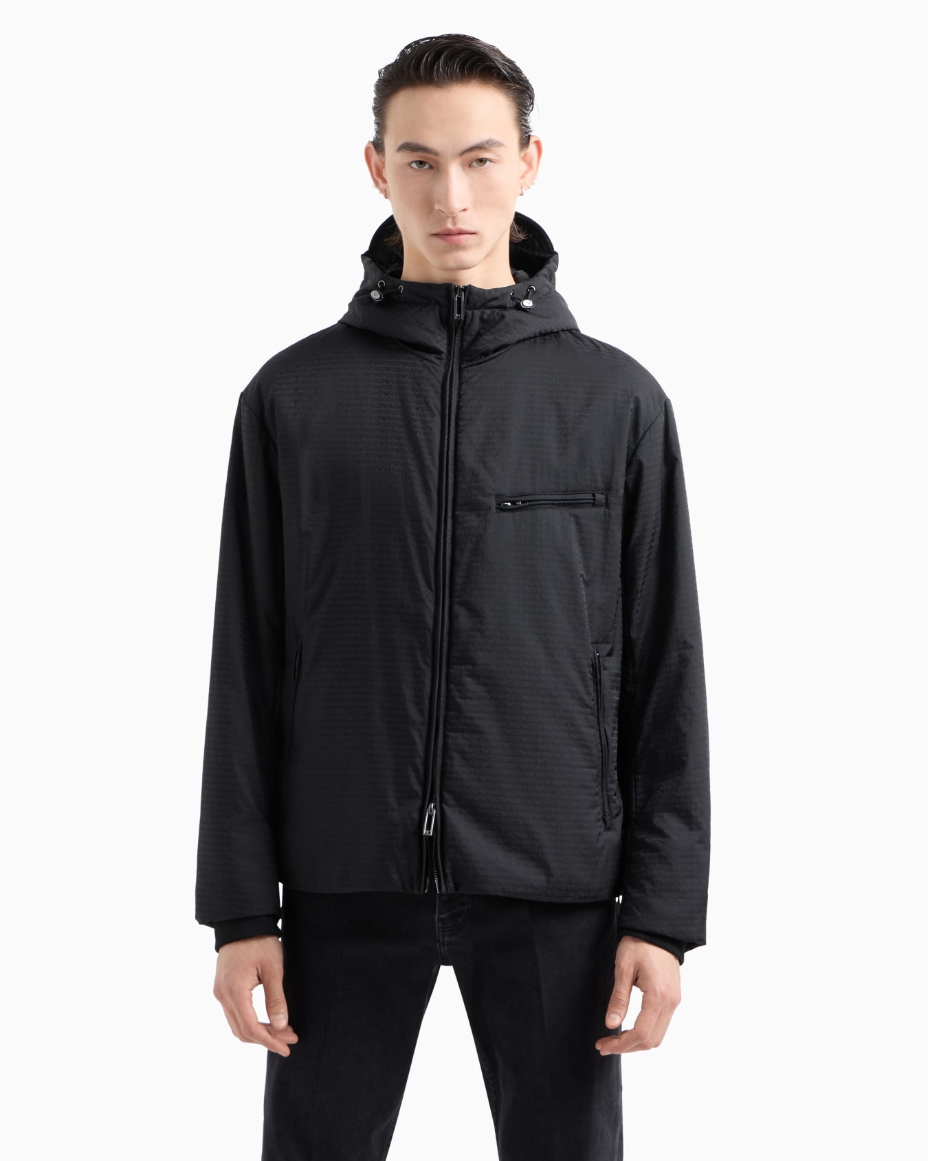 Lightweight nylon, hooded zip-up blouson with all-over jacquard lettering Slide 1