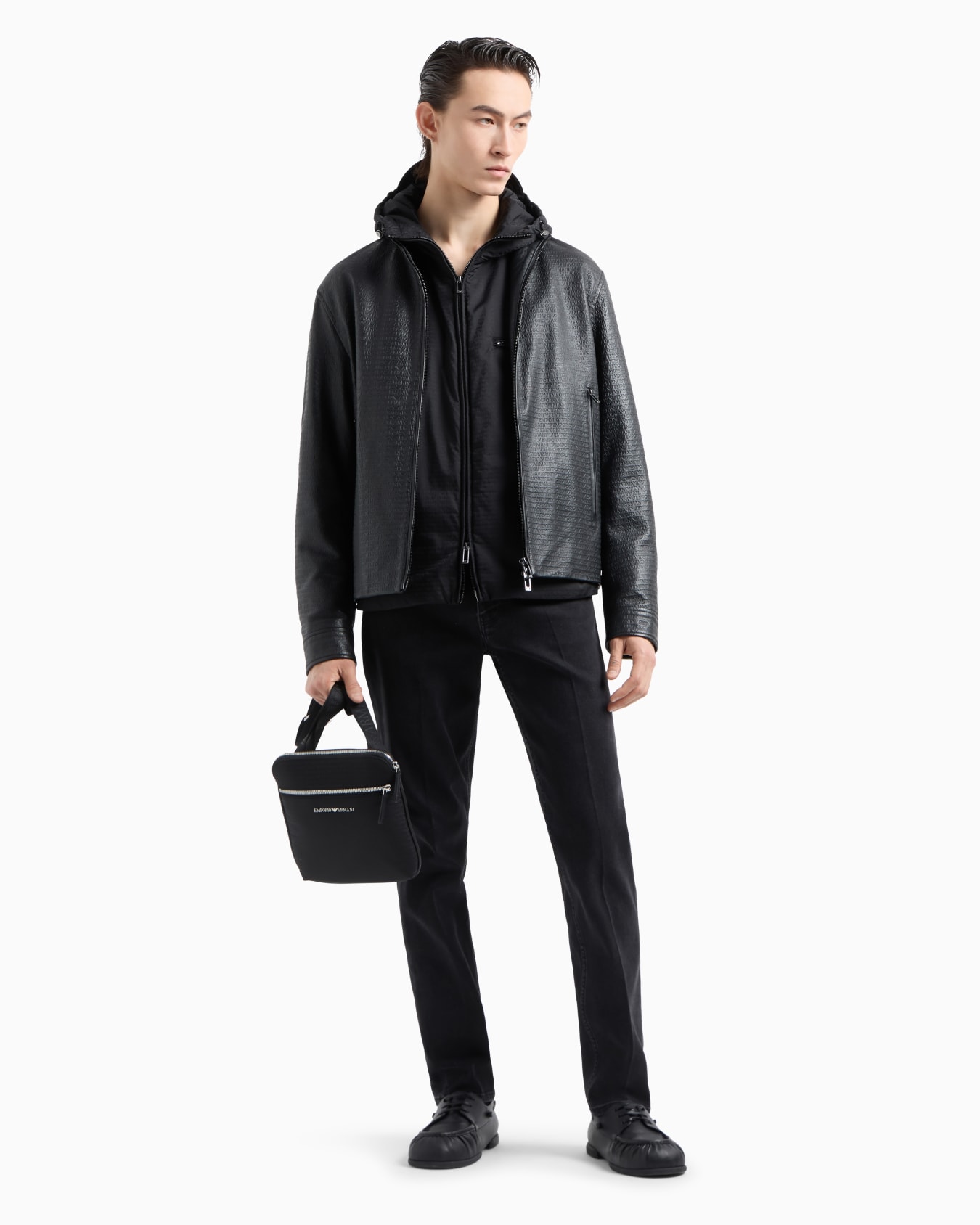 Lightweight nylon, hooded zip-up blouson with all-over jacquard lettering Slide 3