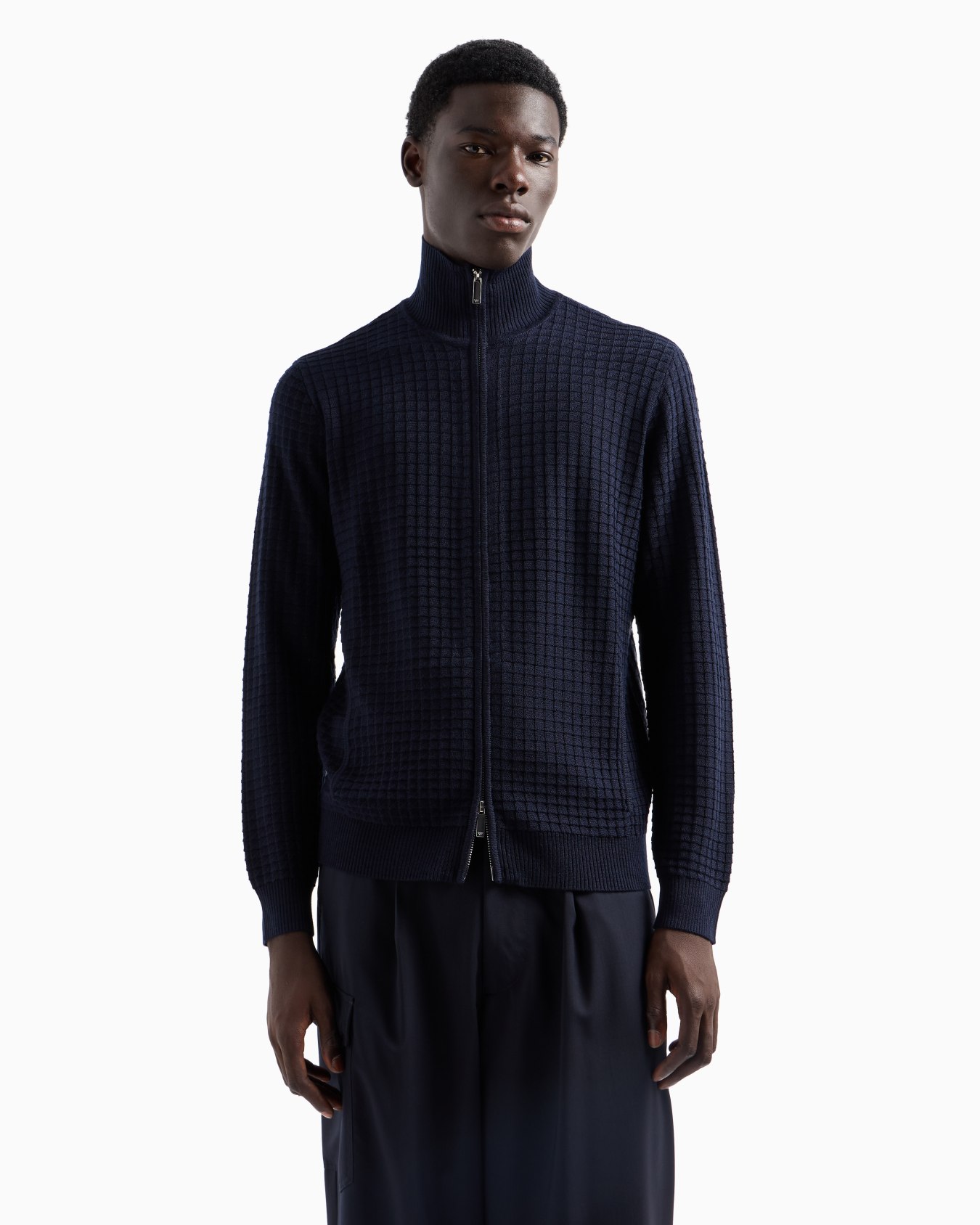 Tuck-stitch full-zip cardigan in a wool and Lyocell blend Slide 1