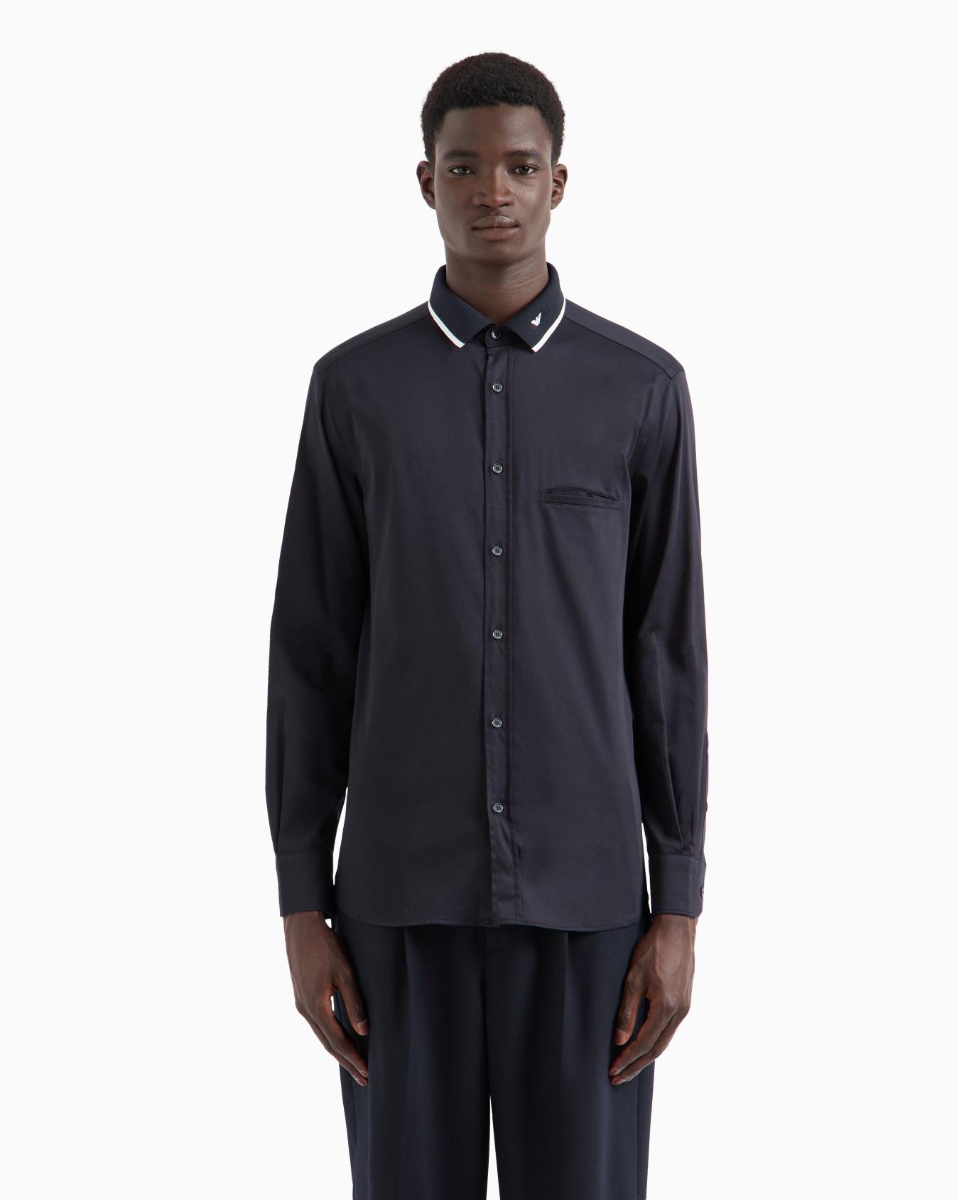 Satin shirt with contrasting ribbed collar Slide 1